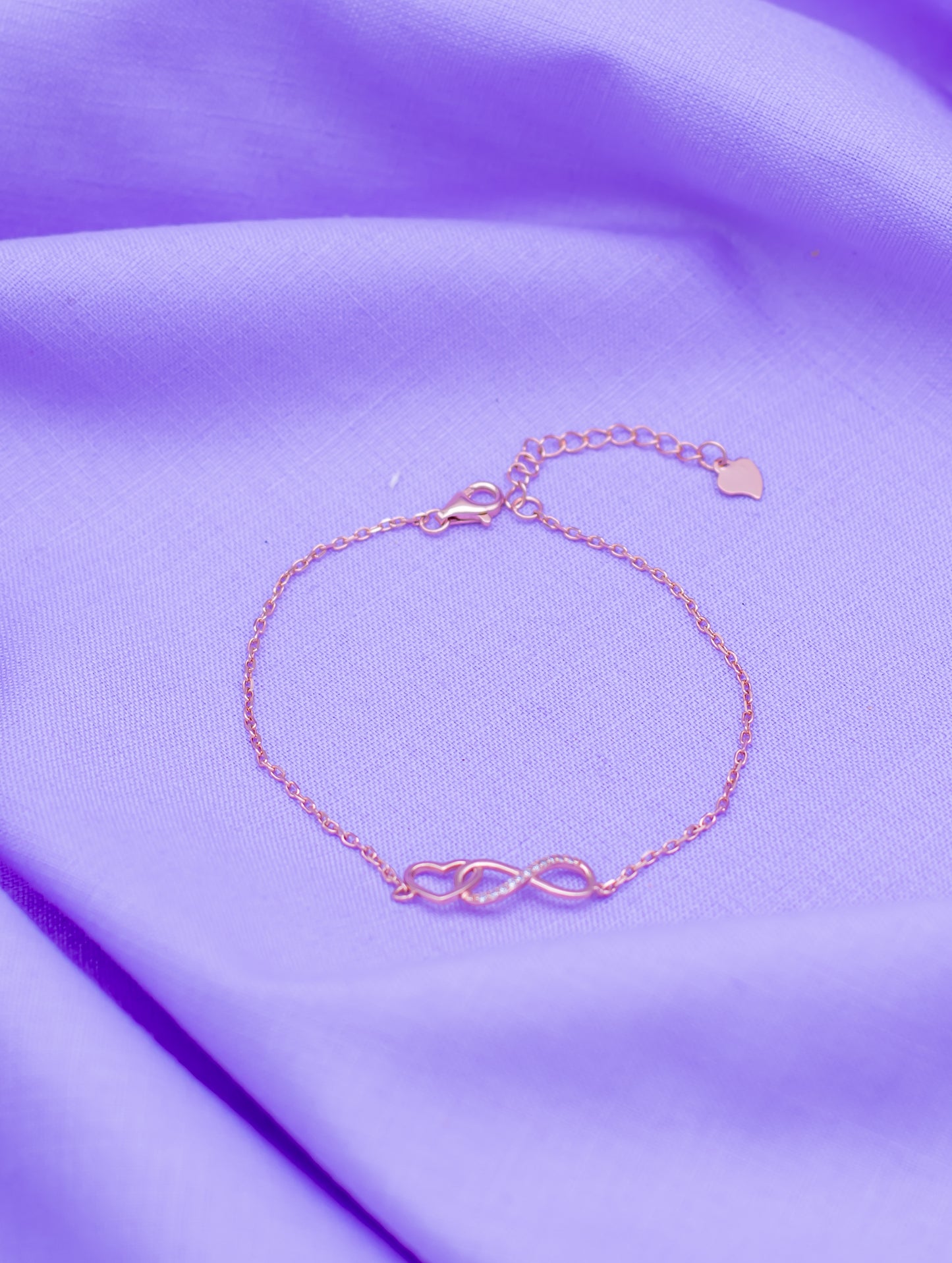 Sterling Silver Infinity & Heart Chain Bracelet with Rose Gold Polish