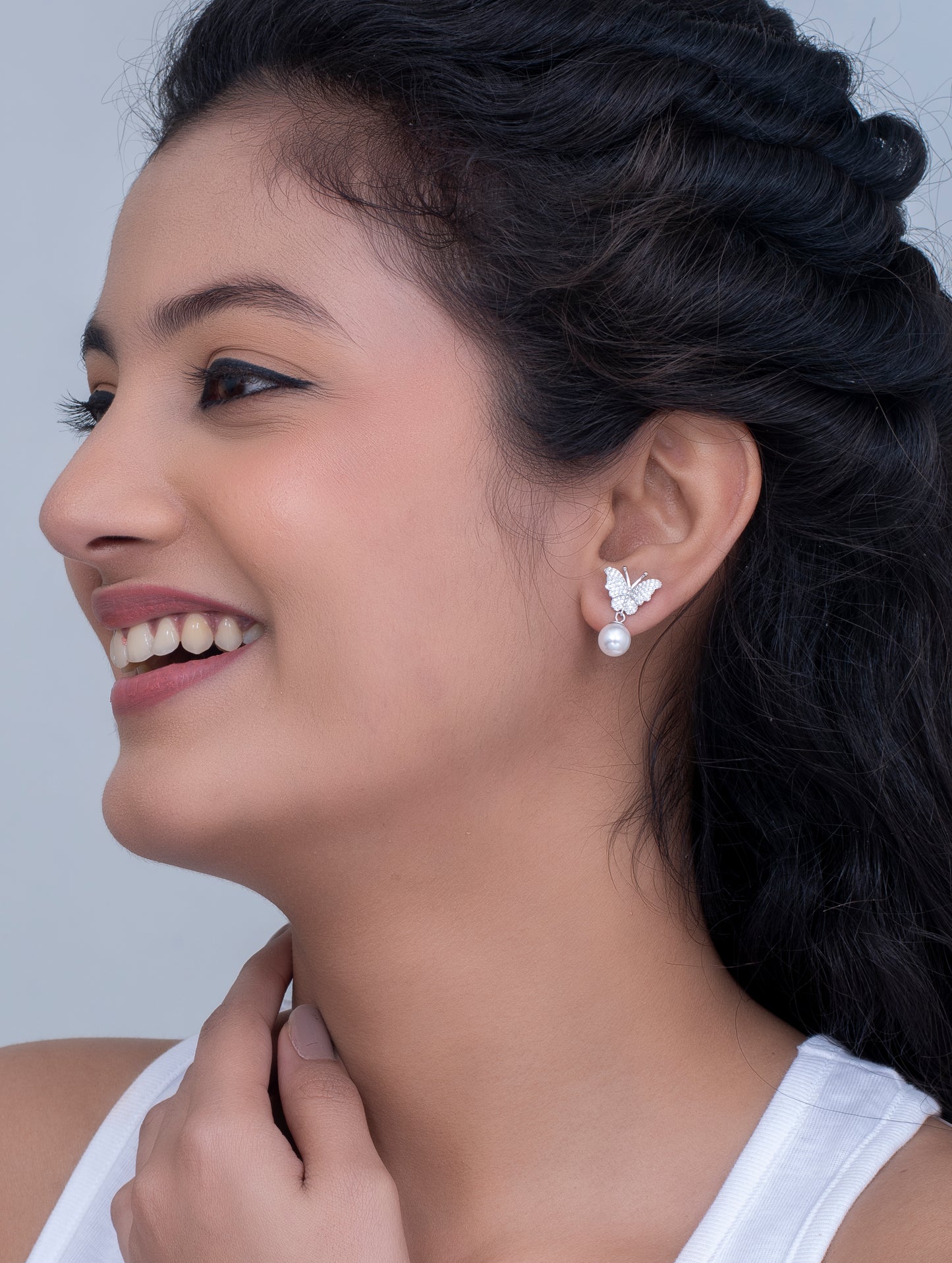 Butterfly Pearl Earrings with Swarovski Zircon & Natural White Pearls