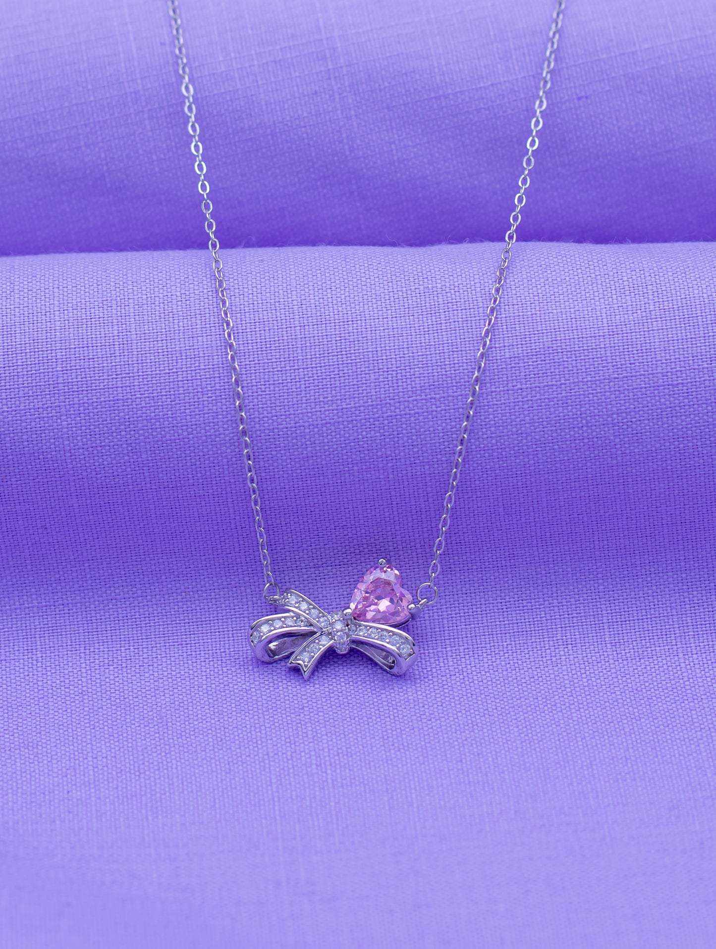 Bow Knot Pink Heart Necklace