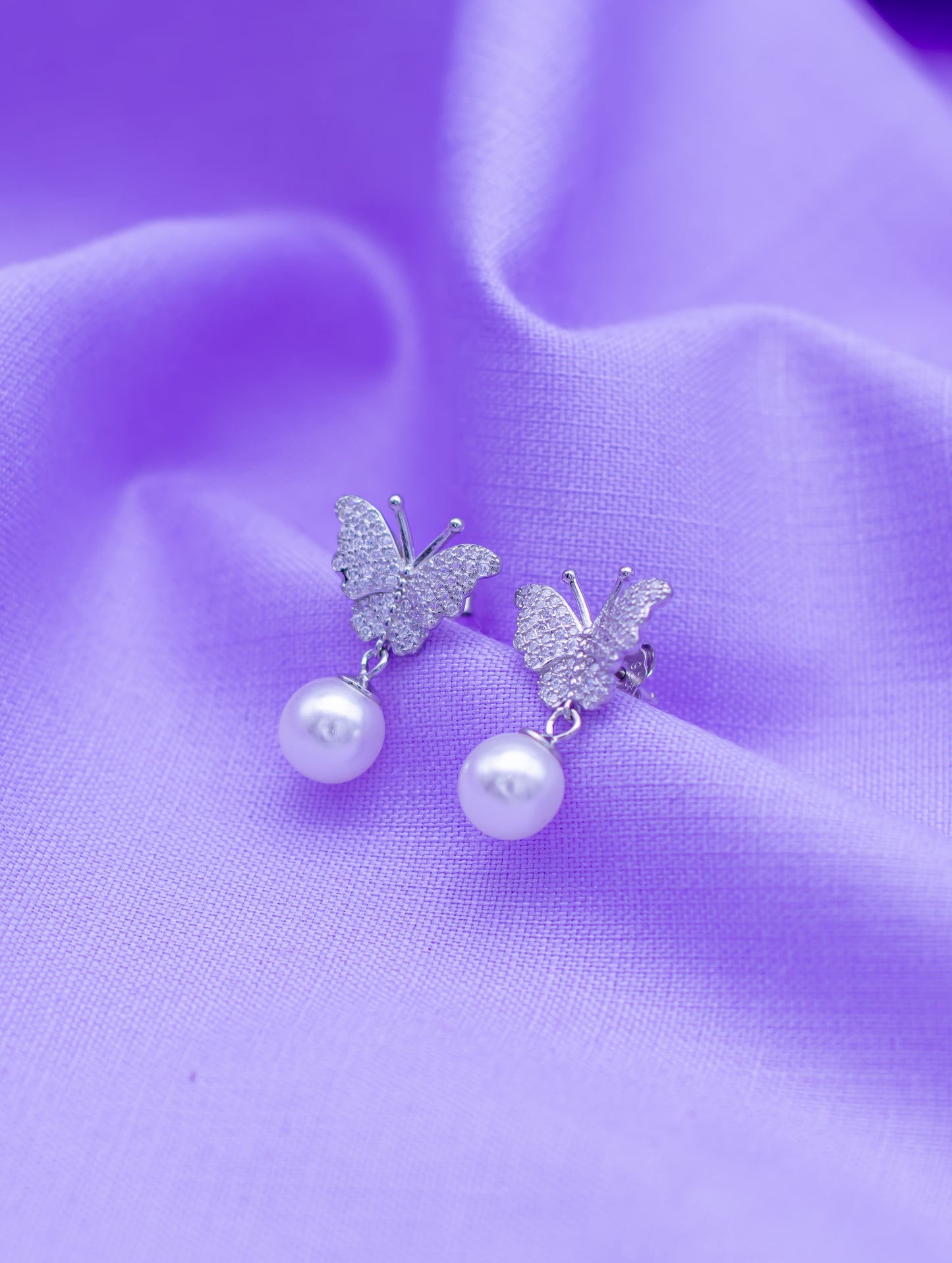 Butterfly Pearl Earrings with Swarovski Zircon & Natural White Pearls