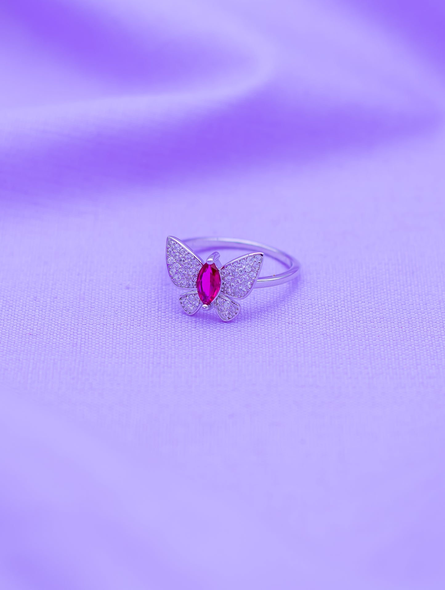 Sterling Silver Butterfly Ring with Pink Semi-Precious Stone