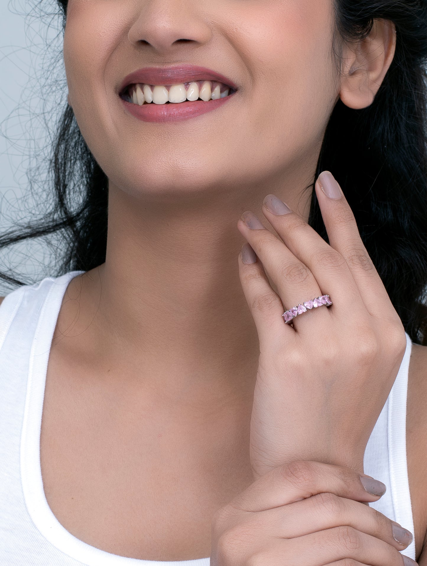 Sterling Silver Ring with Intricate Pink Hearts Band