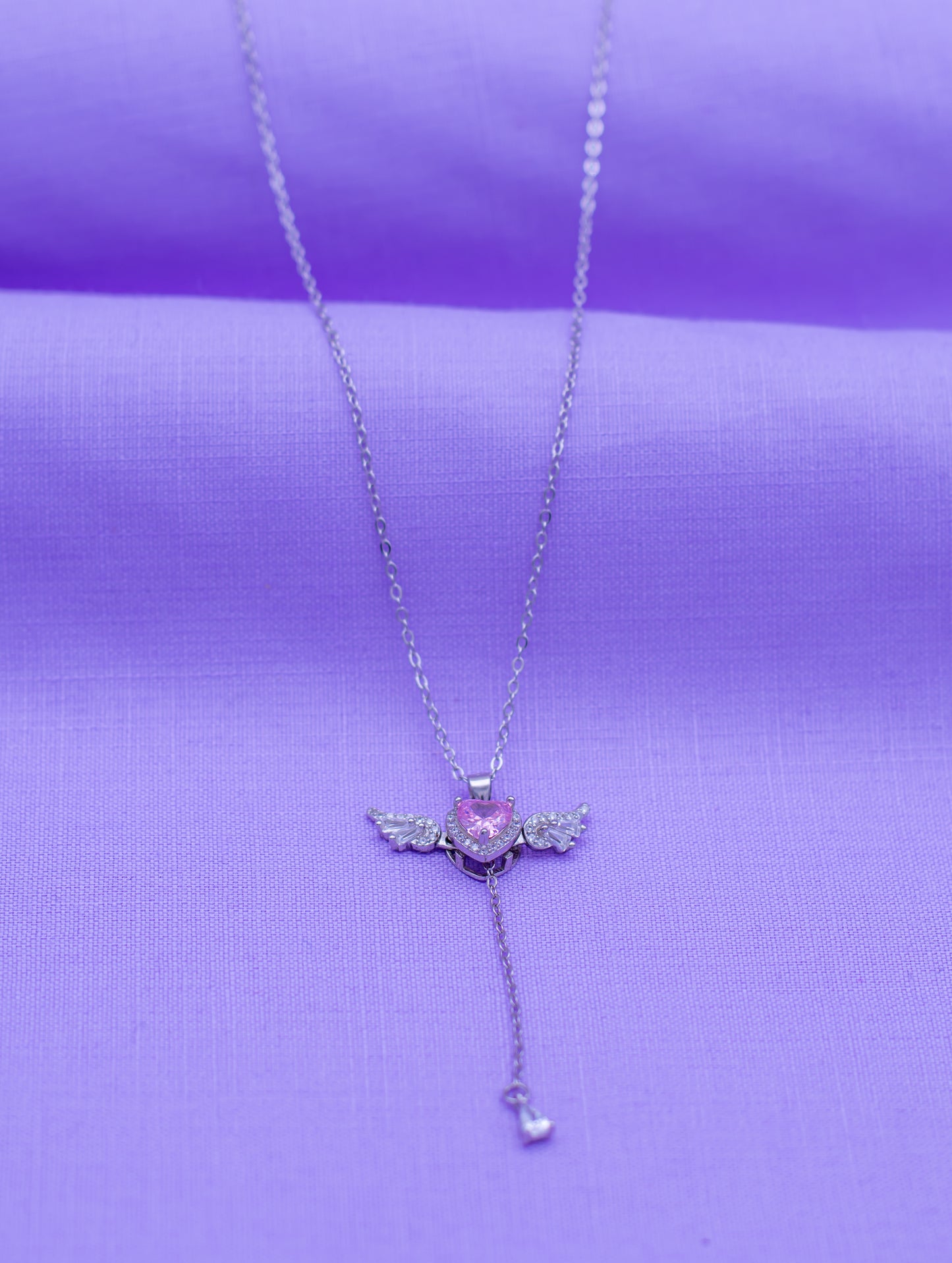 Cupid's Heart Necklace β Pink Stone Heart Pendant with Wings & Shimmering Silver Chain