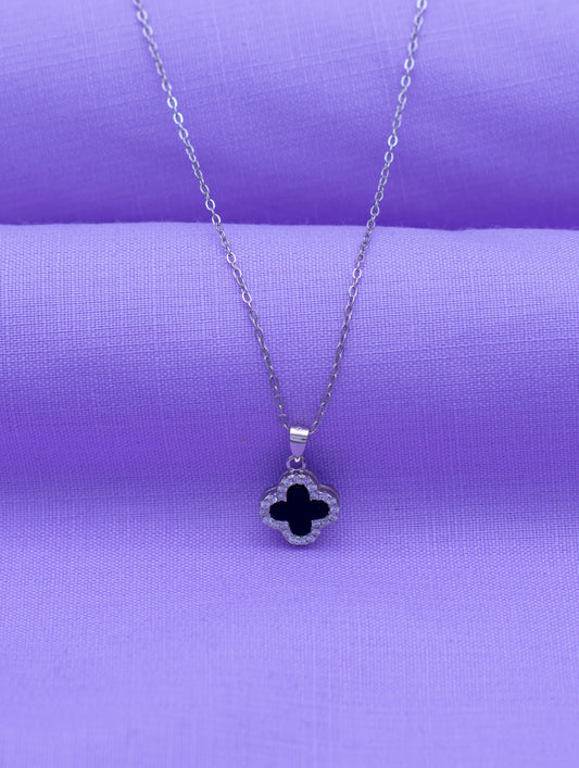 Black Onyx & Mother of Pearl Reversible Diamante Clover Pendant Necklace