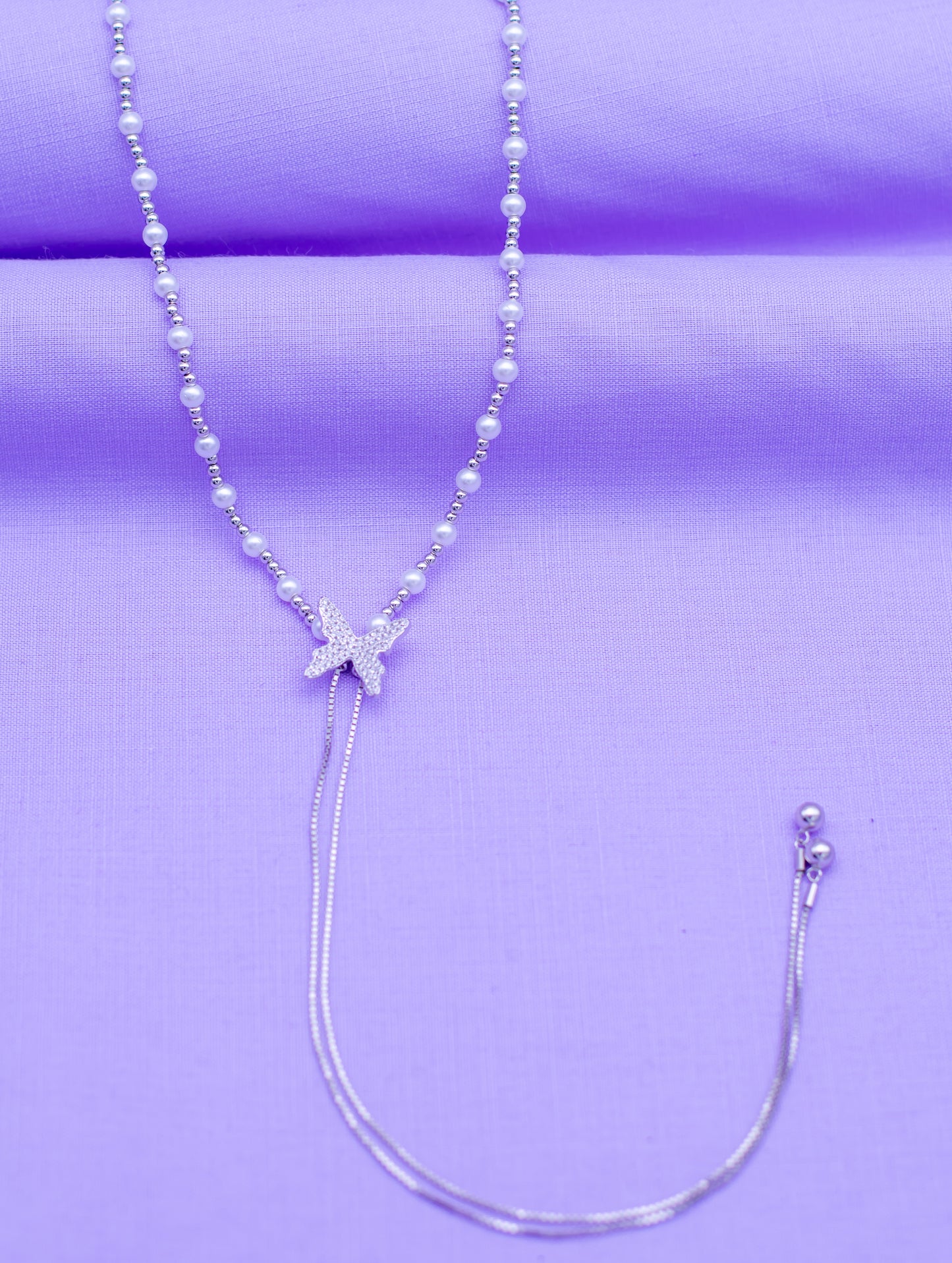 Adjustable Pearl Necklace with Butterfly Pendant