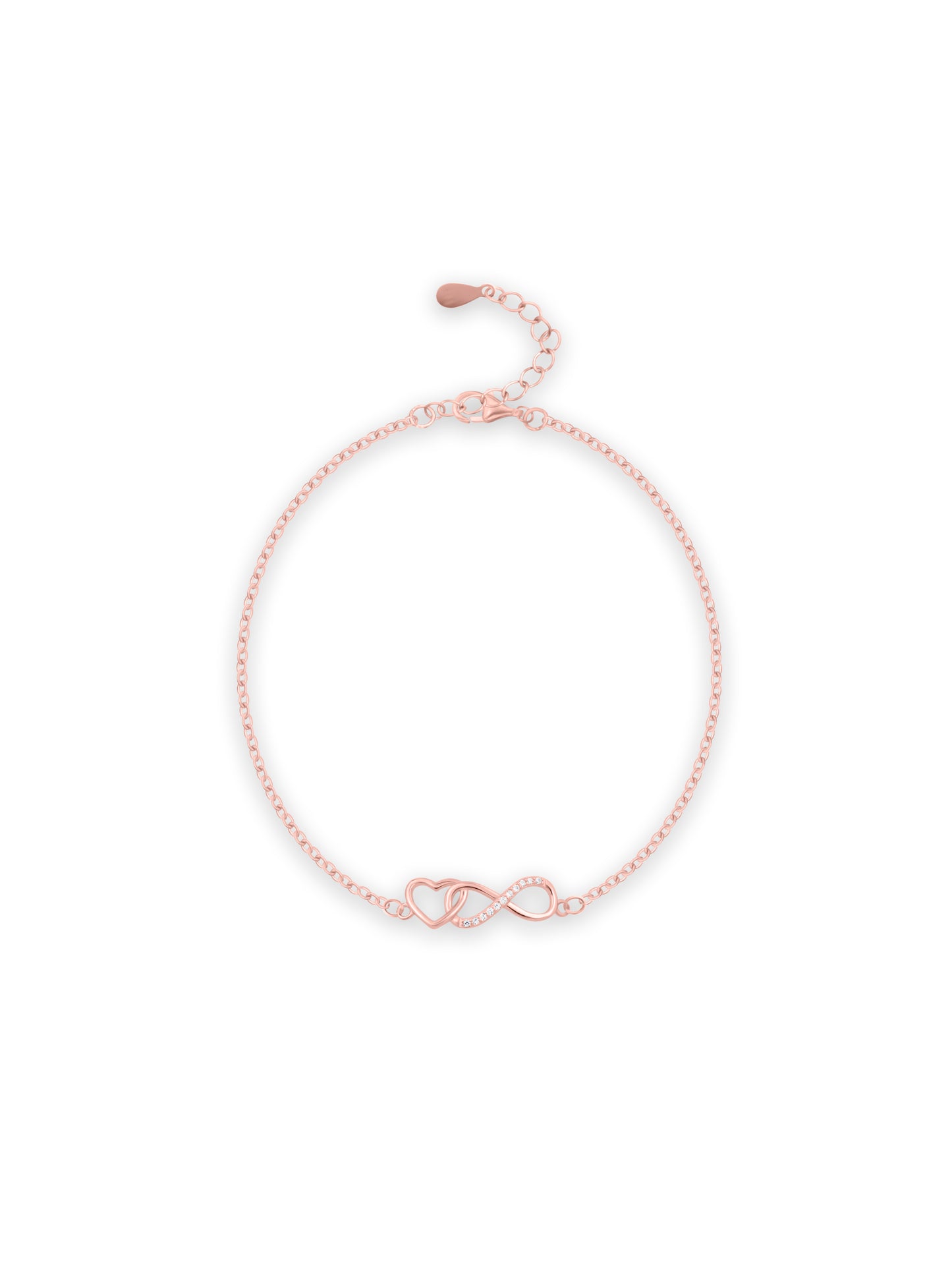 Sterling Silver Infinity & Heart Chain Bracelet with Rose Gold Polish
