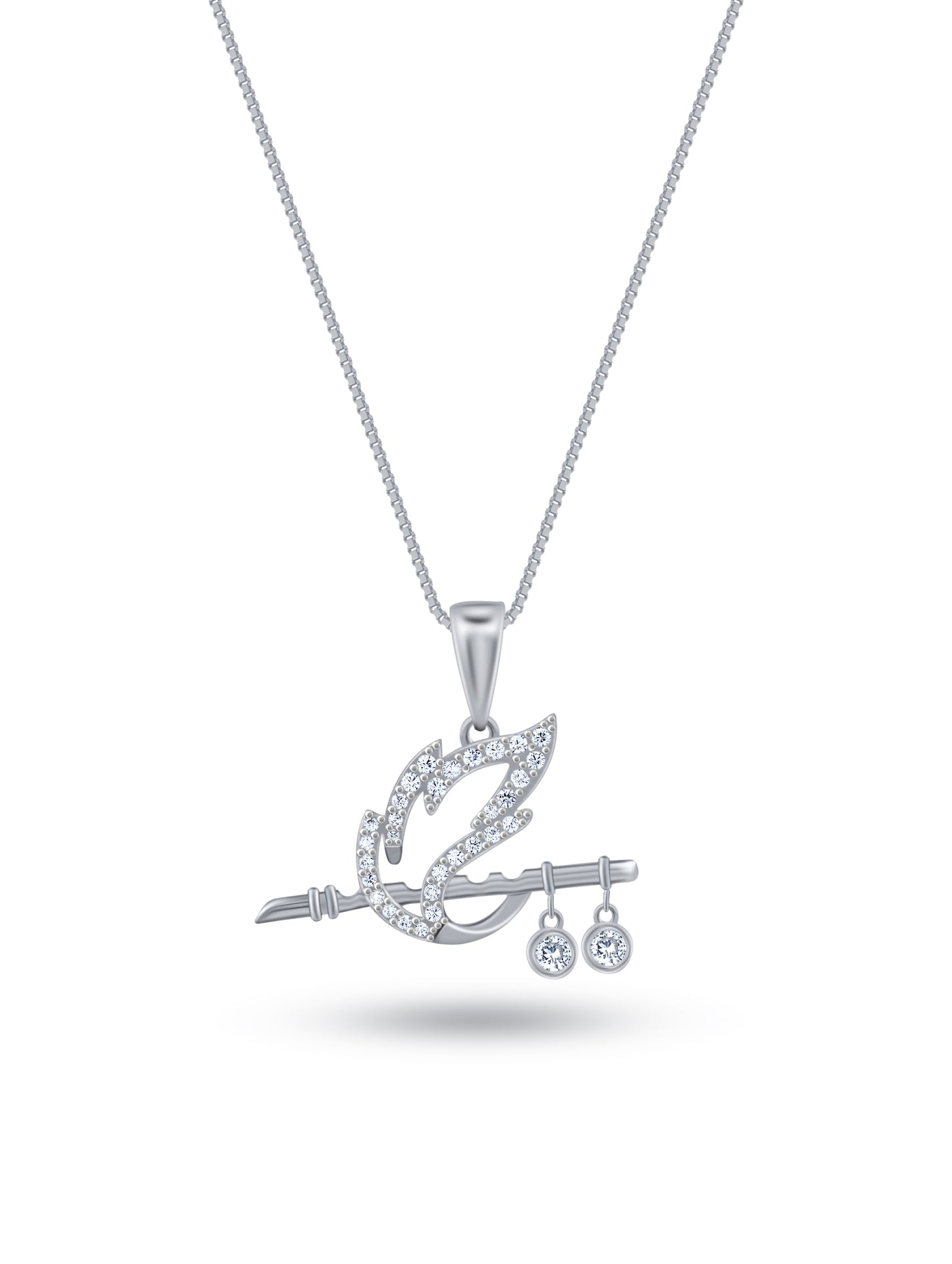 Sterling Silver Flute Pendant Necklace with Peacock Feather Design