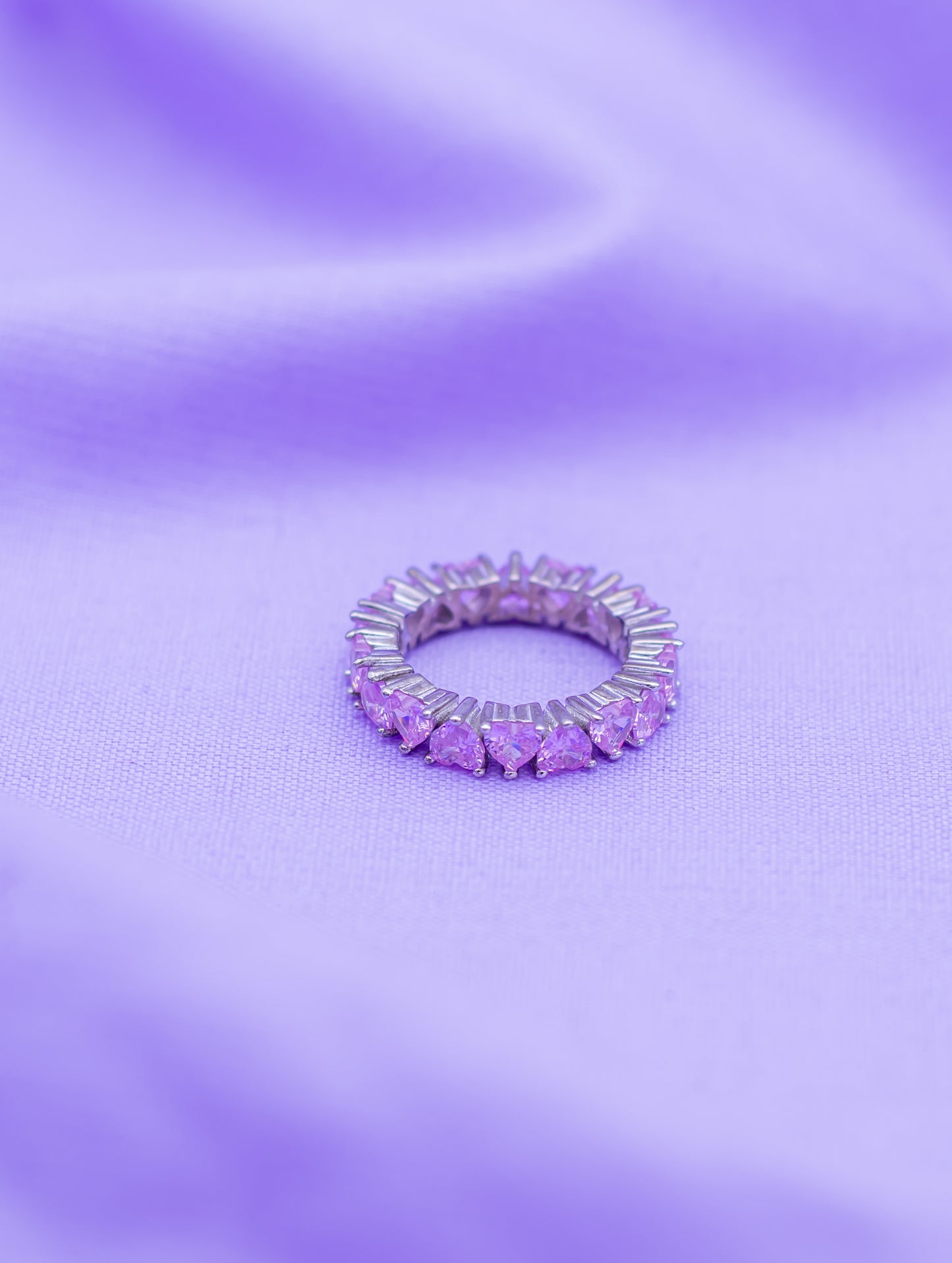 Sterling Silver Ring with Intricate Pink Hearts Band