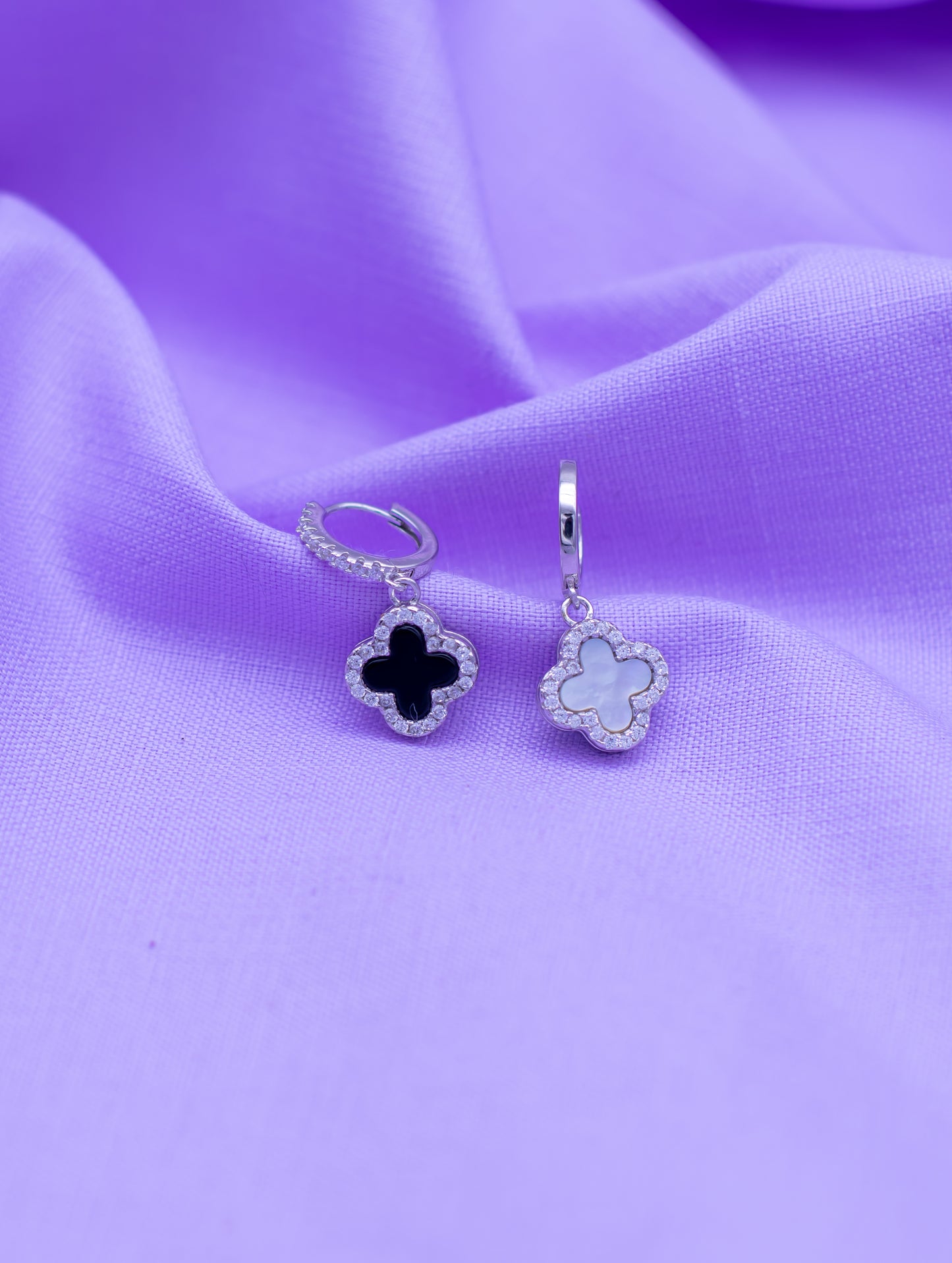 Black Onyx & Mother of Pearl Reversible Diamante Clover Charm Hoop Earrings