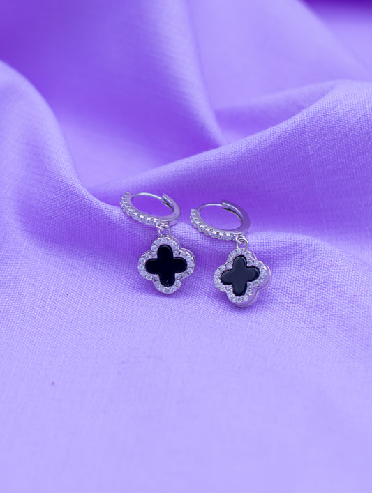 Black Onyx & Mother of Pearl Reversible Diamante Clover Charm Hoop Earrings