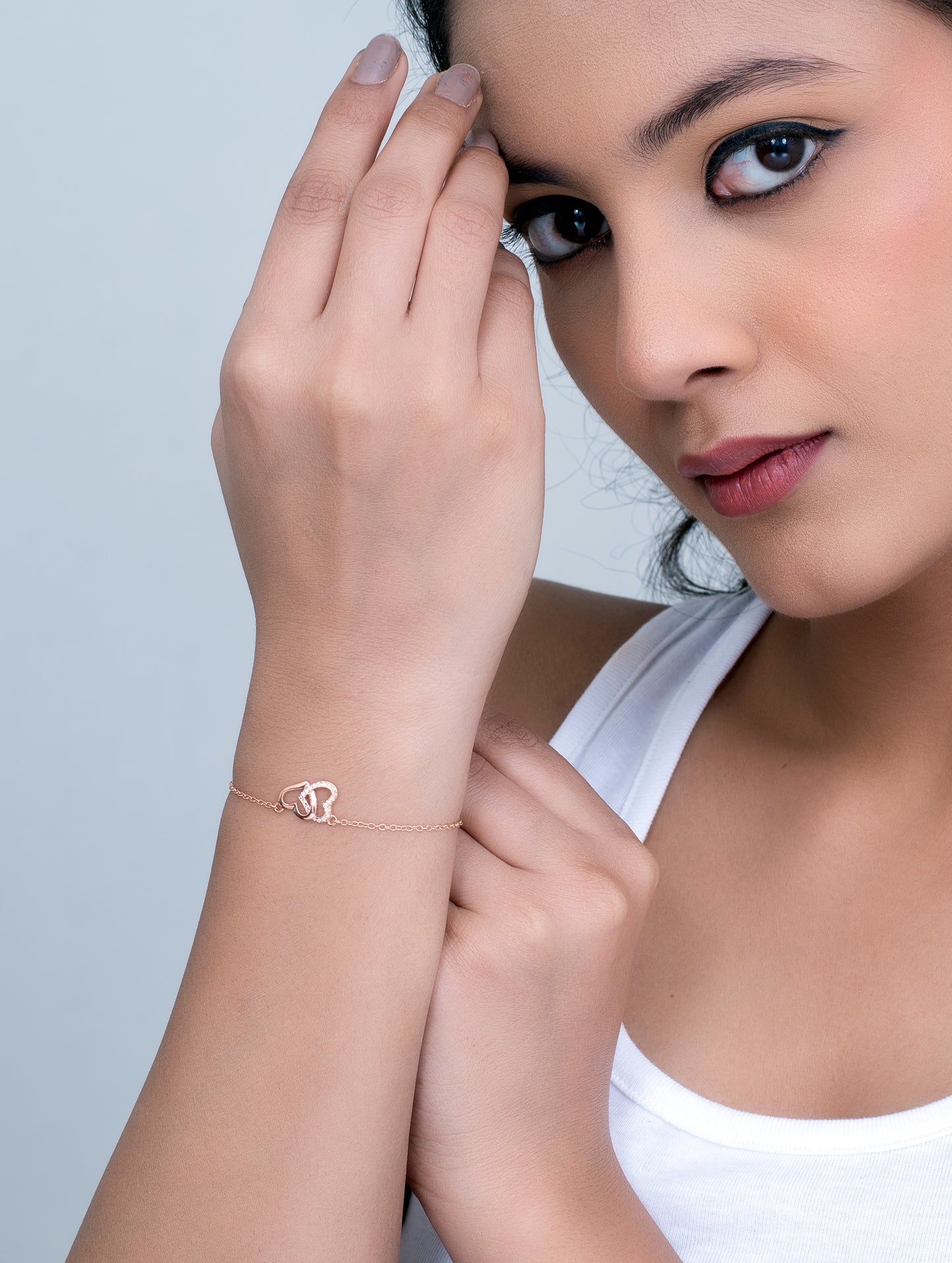 Sterling Silver Dual Heart Chain Bracelet with Rose Gold Polish