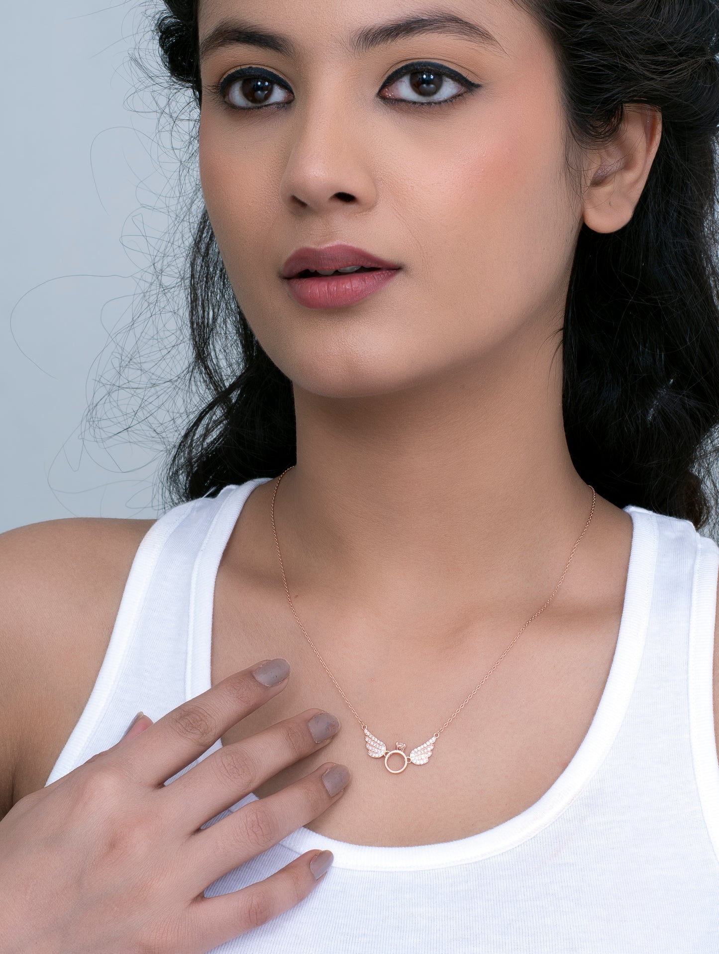 Sterling Silver Wings On The Ring Pendant Necklace with Solitaire Centerpiece