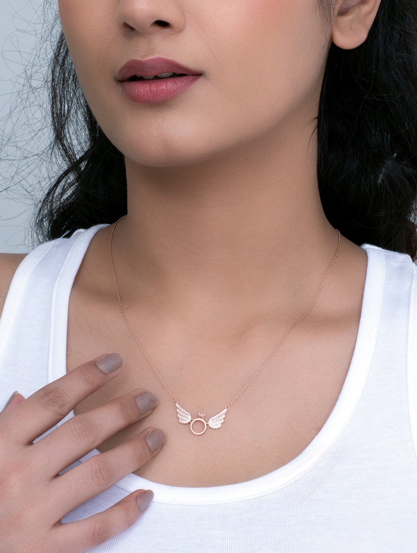 Sterling Silver Wings On The Ring Pendant Necklace with Solitaire Centerpiece
