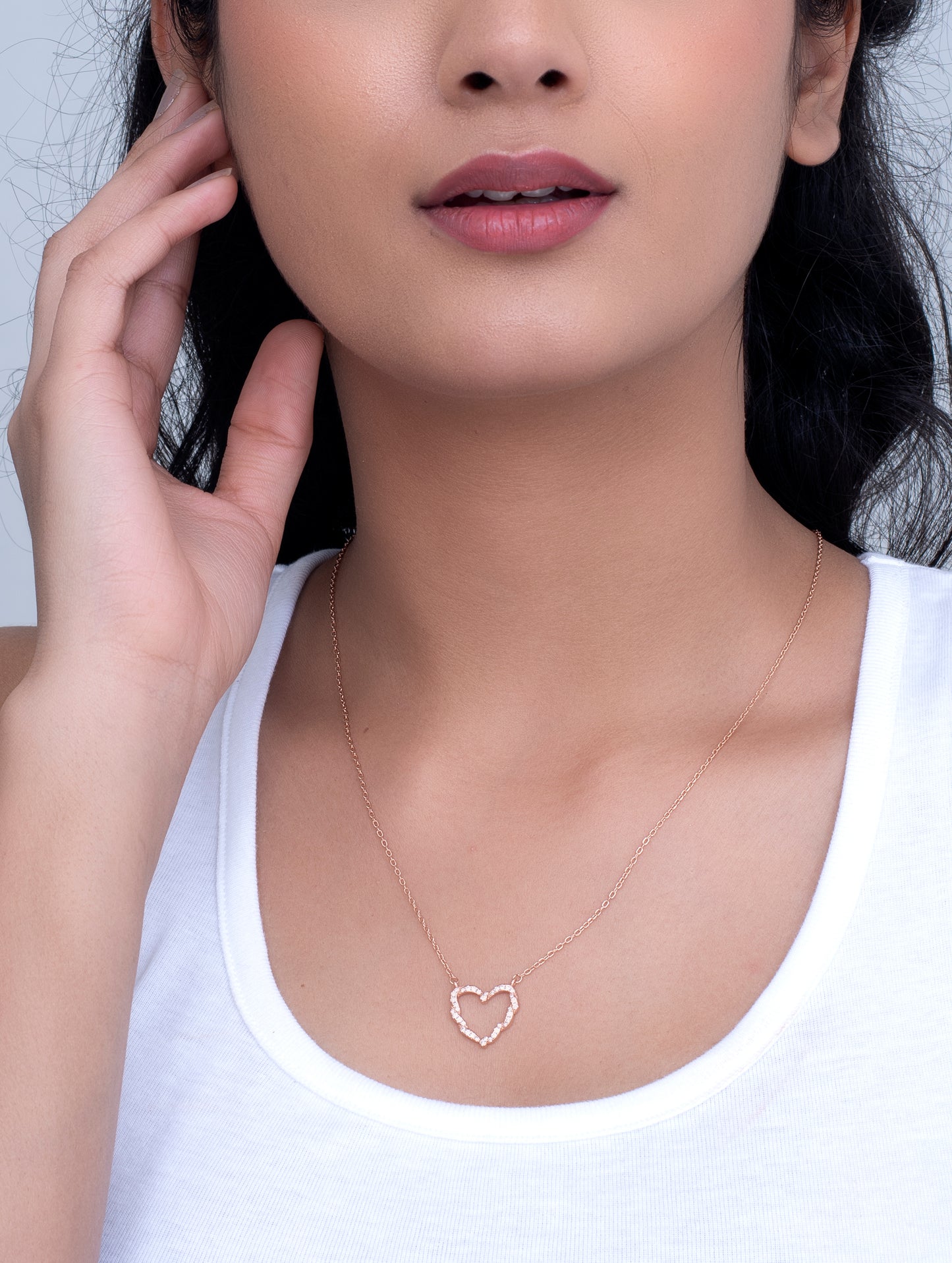 Sterling Silver Heart Charm Necklace with Swarovski Zircon & Rose Gold Polish
