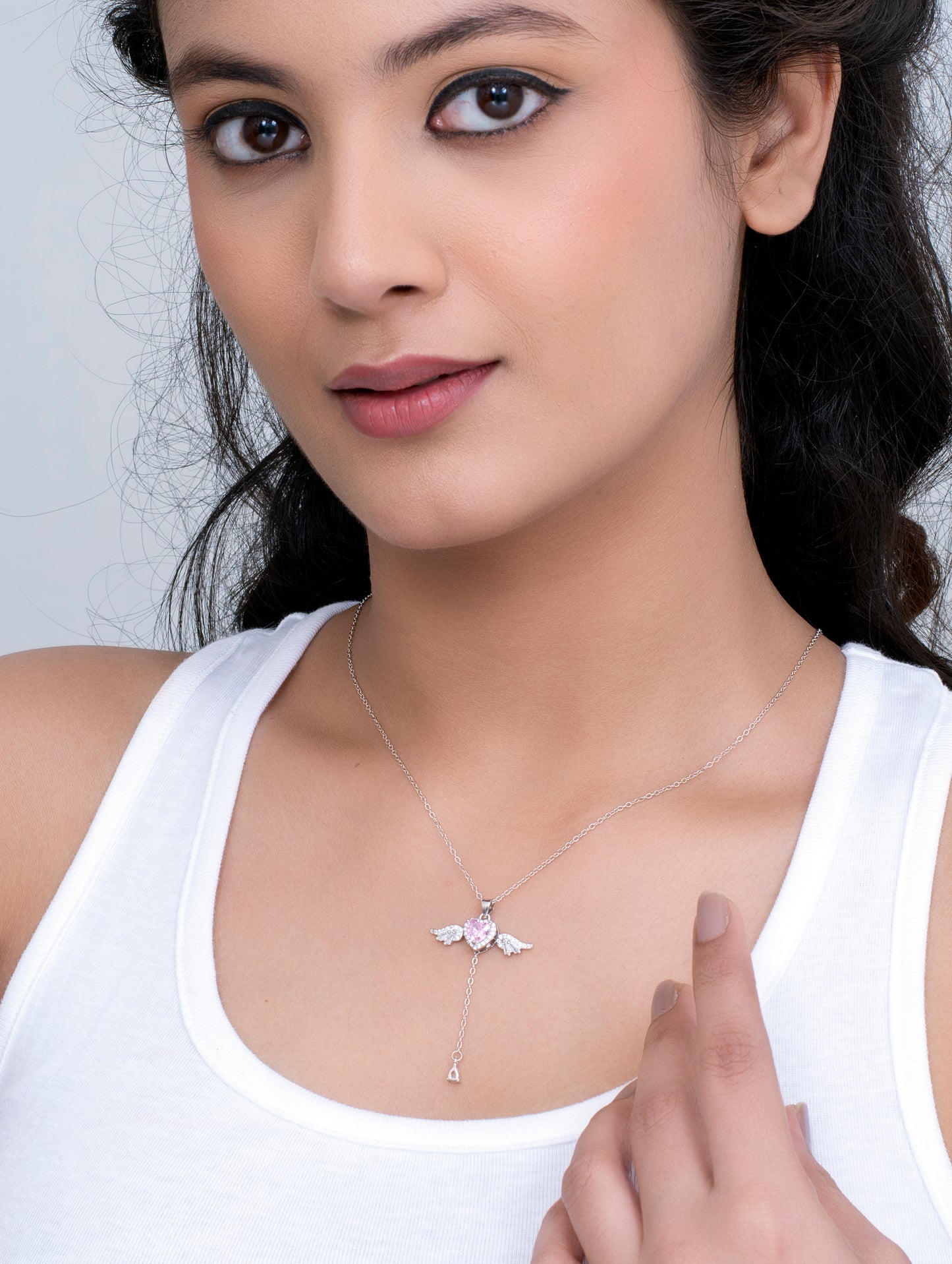 Cupid's Heart Necklace β Pink Stone Heart Pendant with Wings & Shimmering Silver Chain
