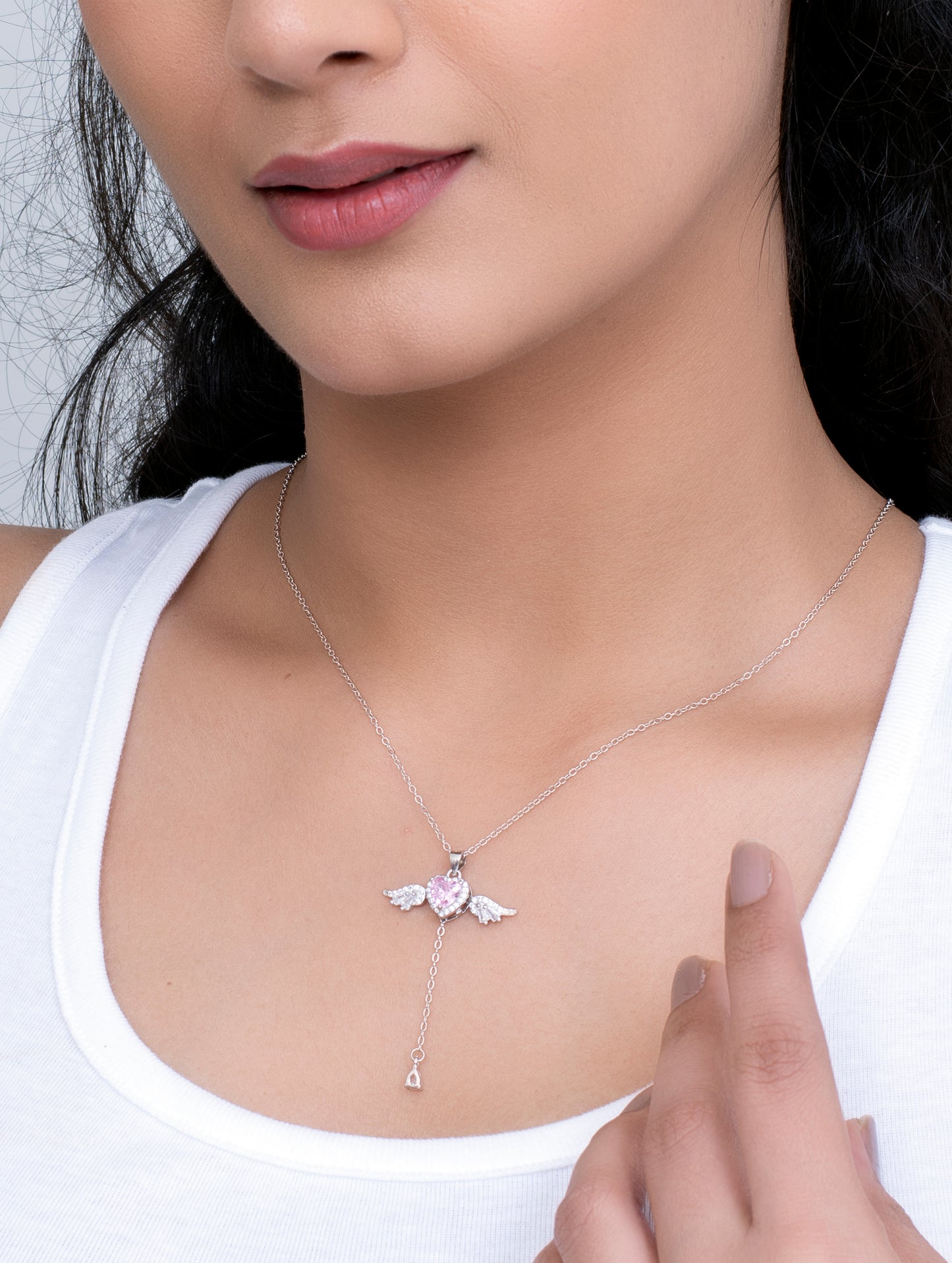 Cupid's Heart Necklace β Pink Stone Heart Pendant with Wings & Shimmering Silver Chain