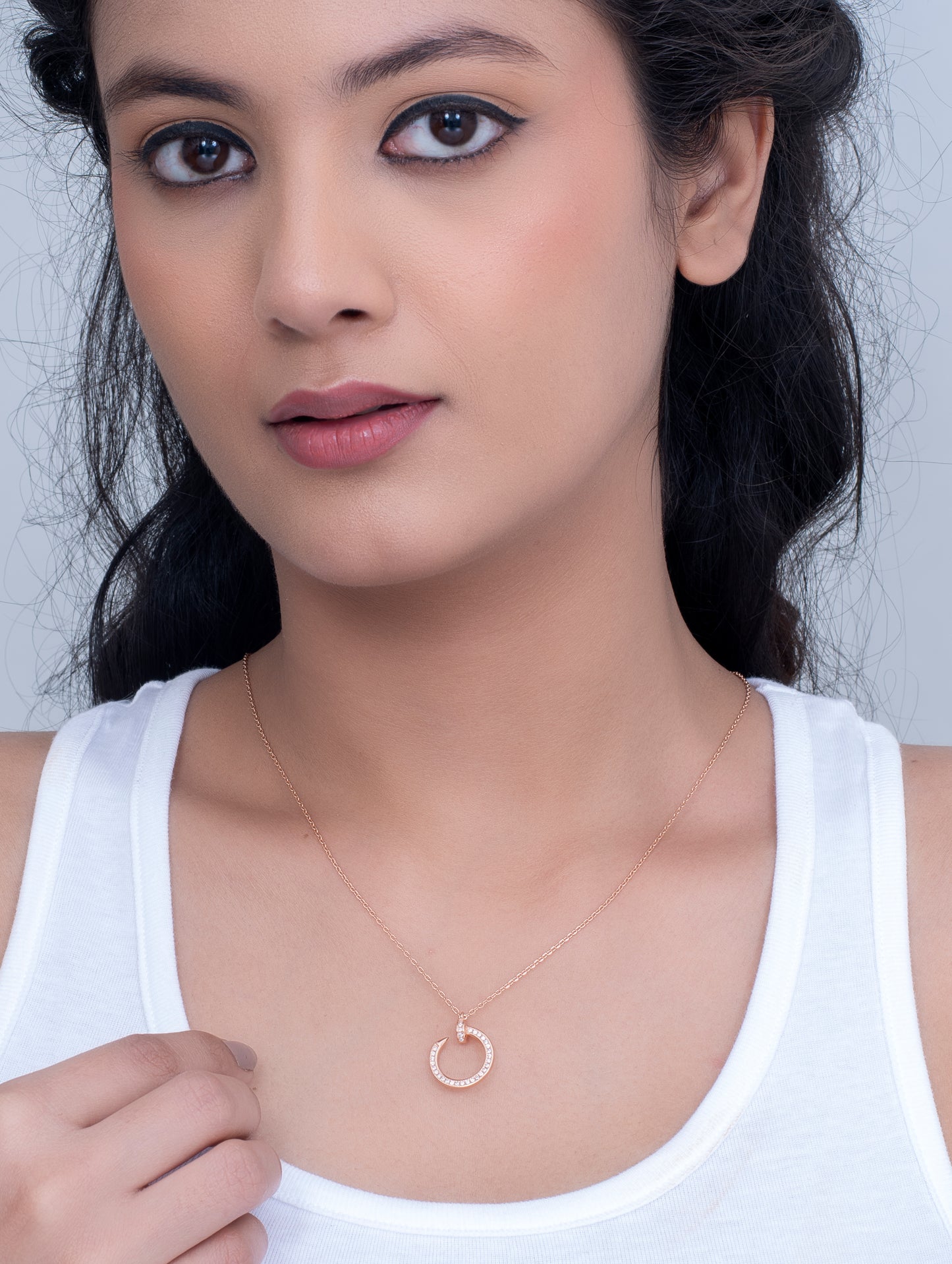 Silver Swarovski Nail Charm Necklace with Rose Gold Polish