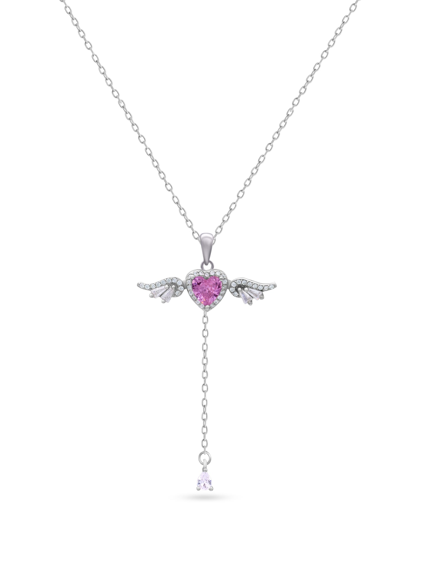 Cupid's Heart Necklace β Pink Stone Heart Pendant with Wings & Shimmering Silver Chain