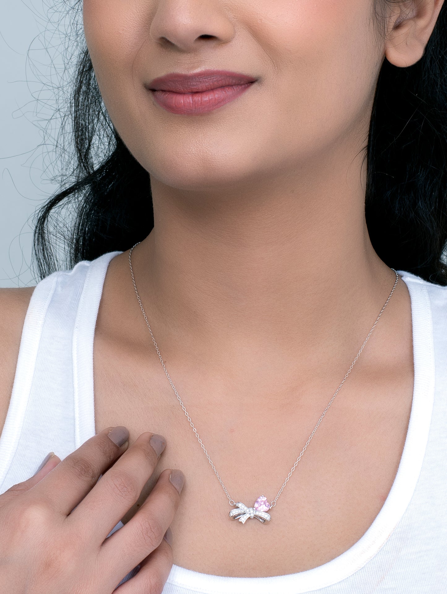Bow Knot Pink Heart Necklace