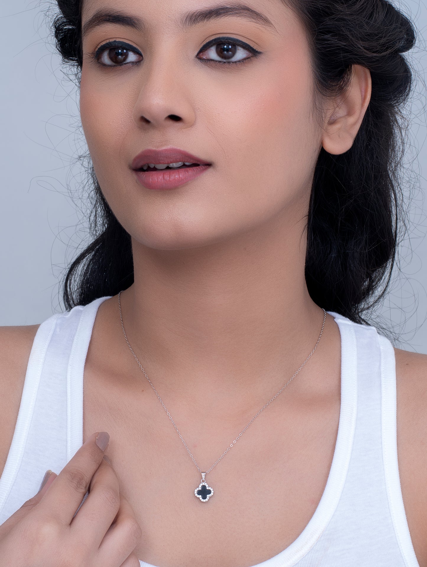 Black Onyx & Mother of Pearl Reversible Diamante Clover Pendant Necklace