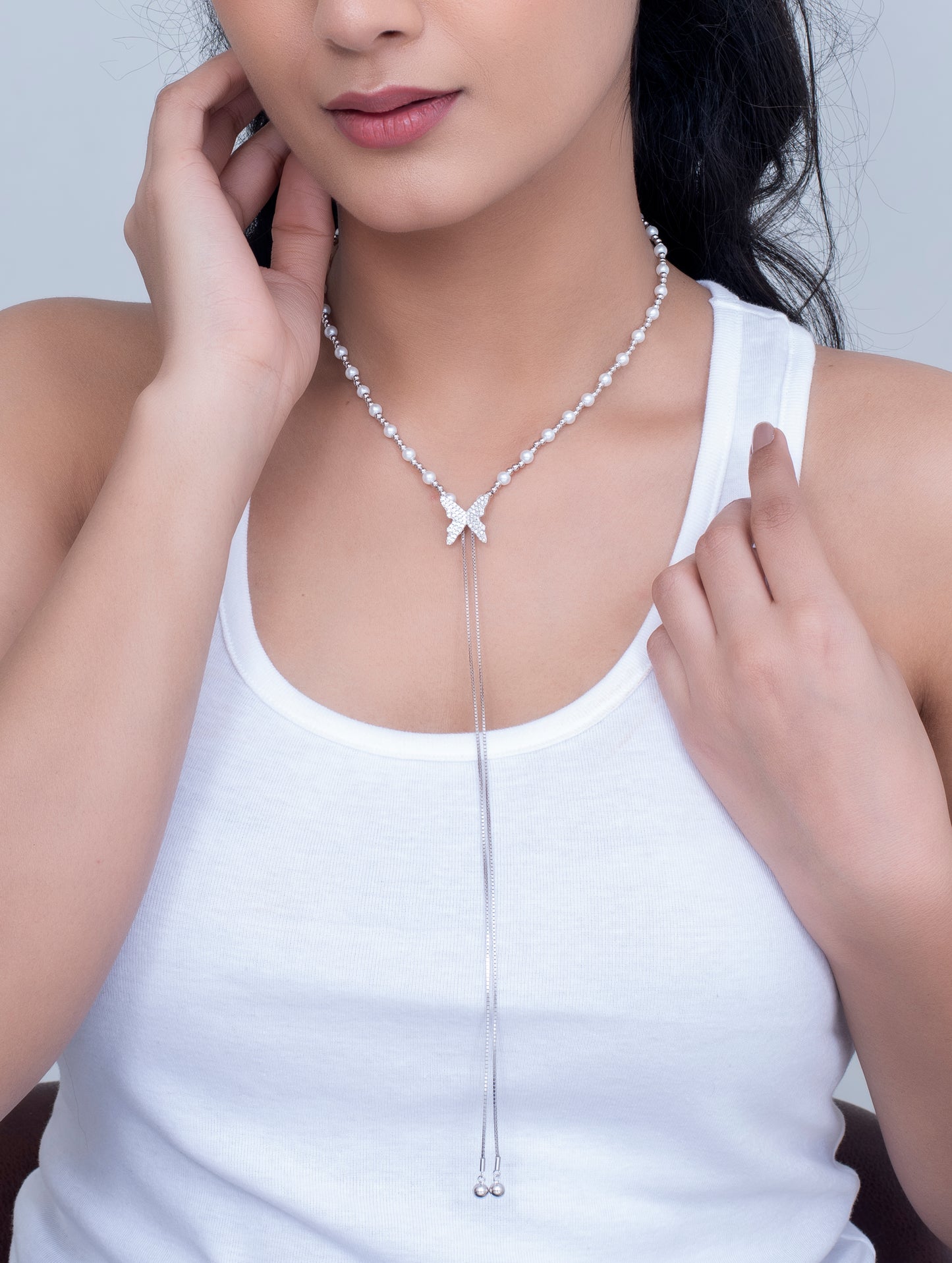 Adjustable Pearl Necklace with Butterfly Pendant