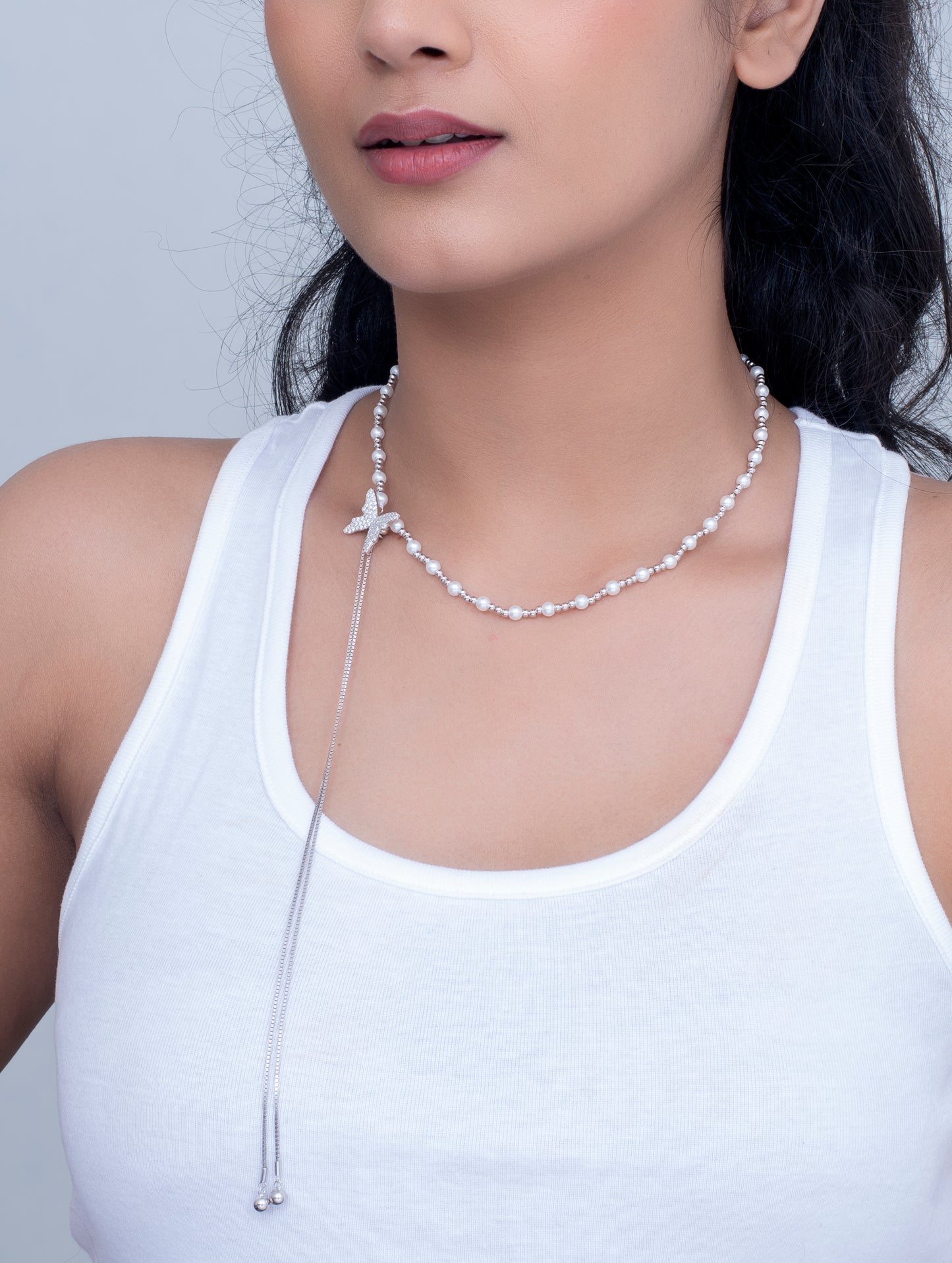 Adjustable Pearl Necklace with Butterfly Pendant