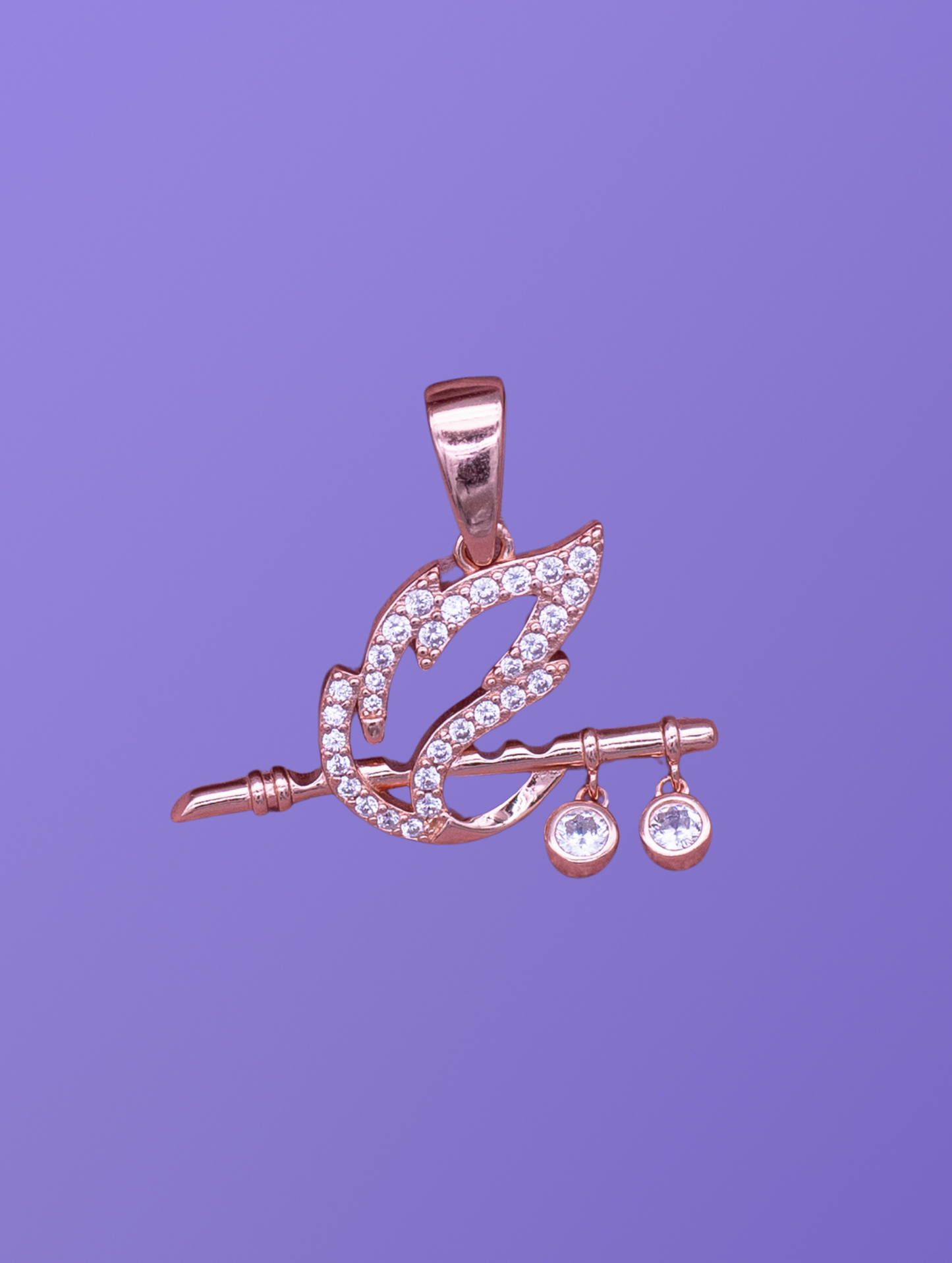 Rose Gold Flute Pendant Necklace with Peacock Feather Design