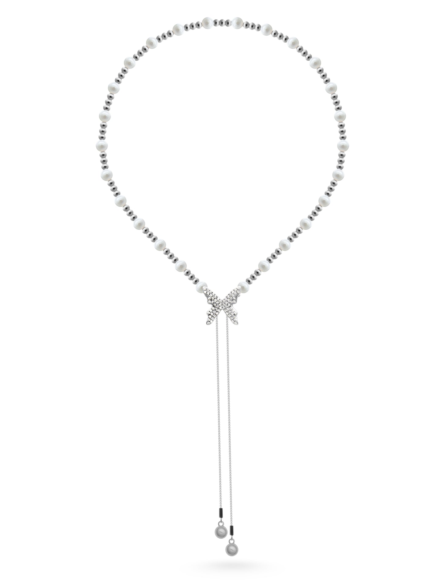Adjustable Pearl Necklace with Butterfly Pendant