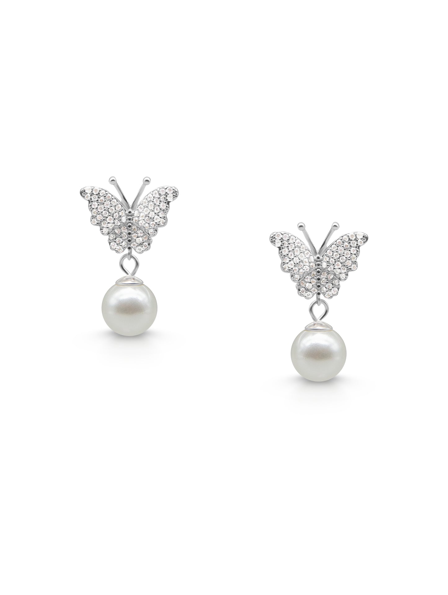 Butterfly Pearl Earrings with Swarovski Zircon & Natural White Pearls