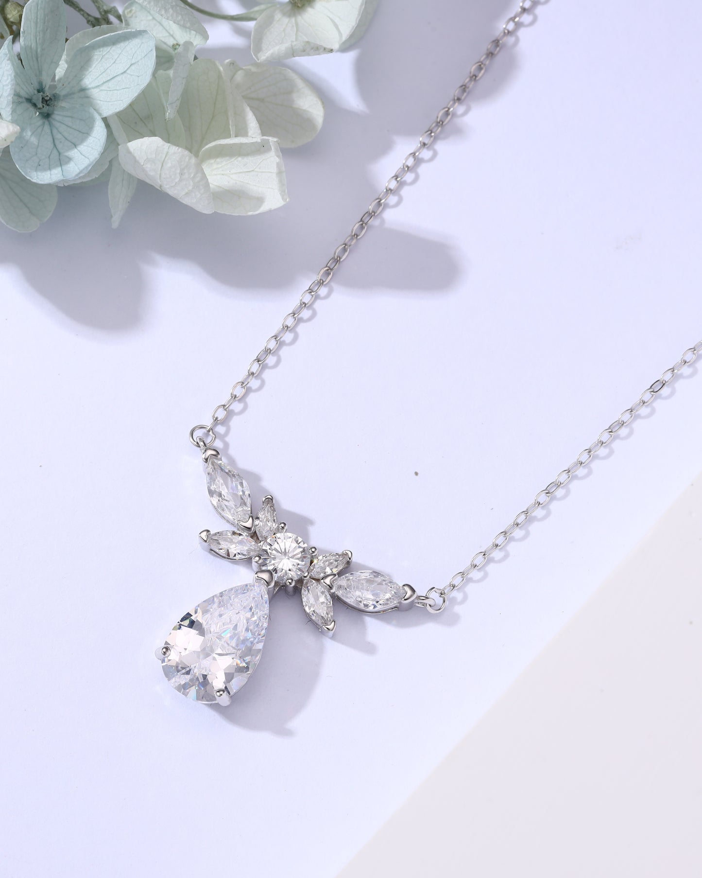 Teardrop & Marquise Zircon Statement Necklace – Silver Finish