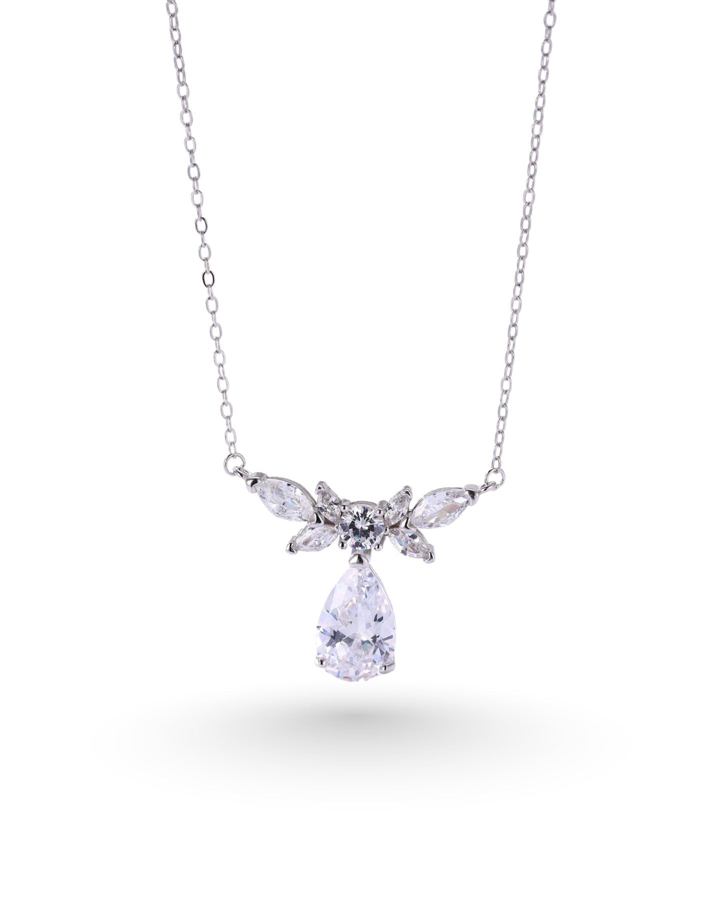 Teardrop & Marquise Zircon Statement Necklace – Silver Finish