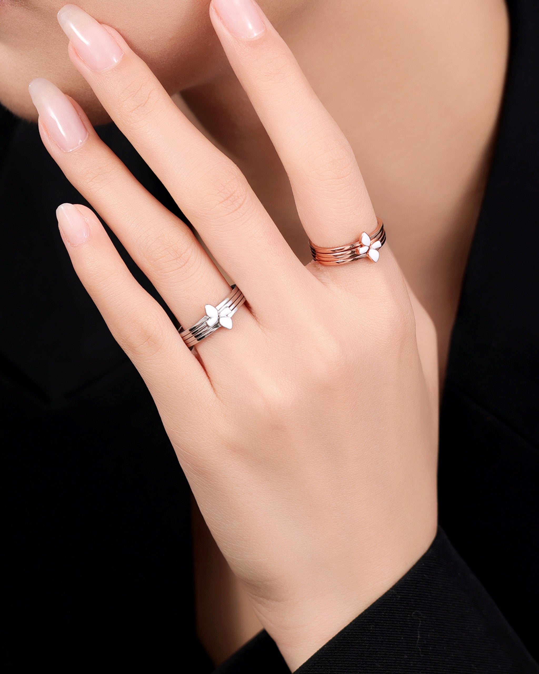 Triple Band Enamel Butterfly Ring – Available in Silver & Rose Gold