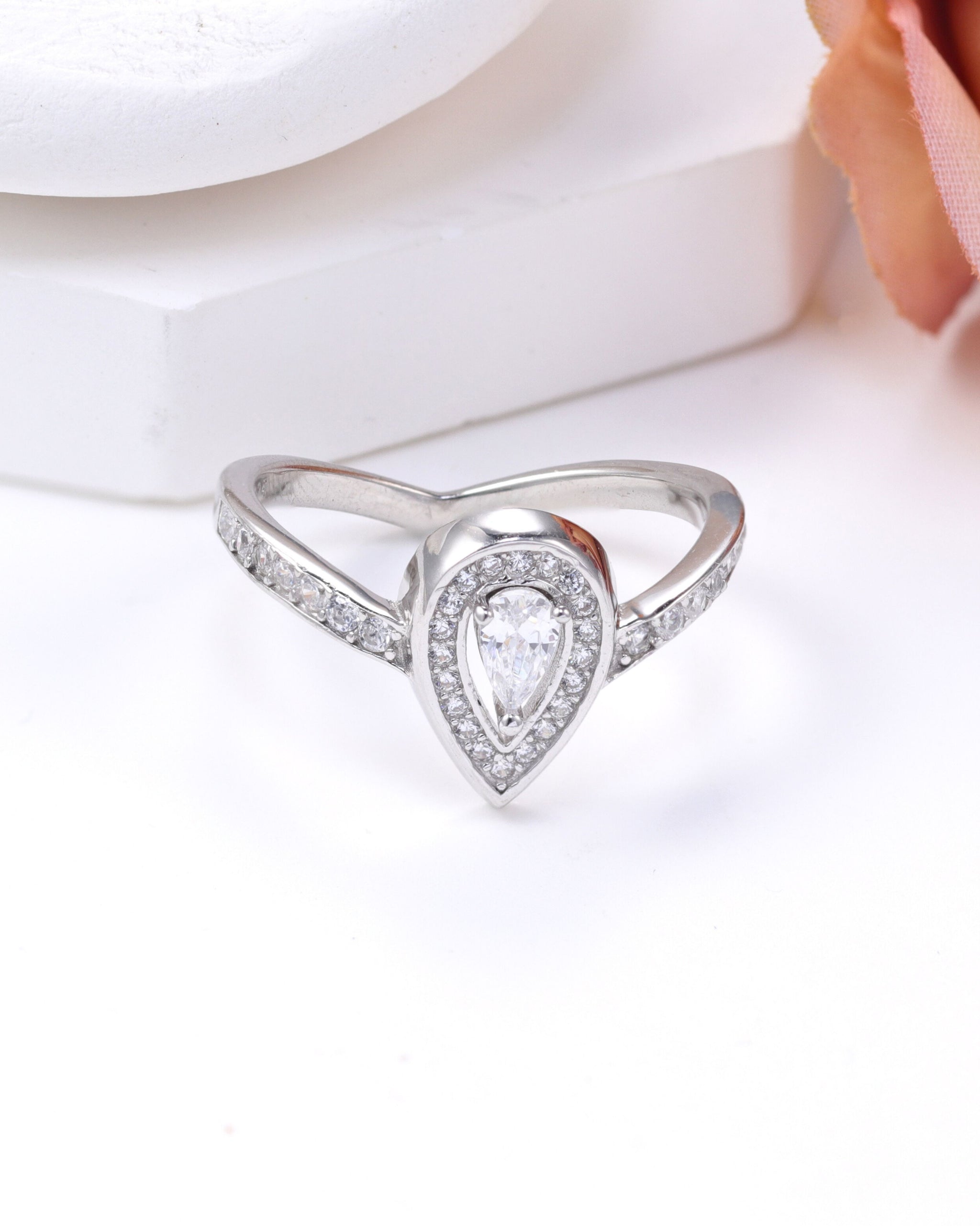 Pear Cut Halo Zircon Ring – Available in Silver & Rose Gold