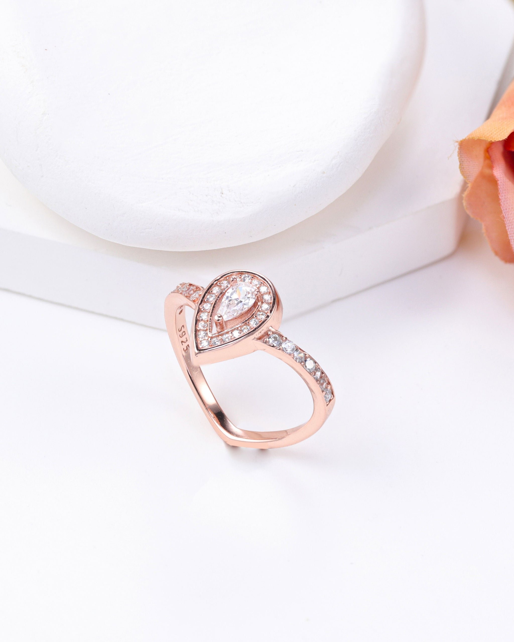 Pear Cut Halo Zircon Ring – Available in Silver & Rose Gold