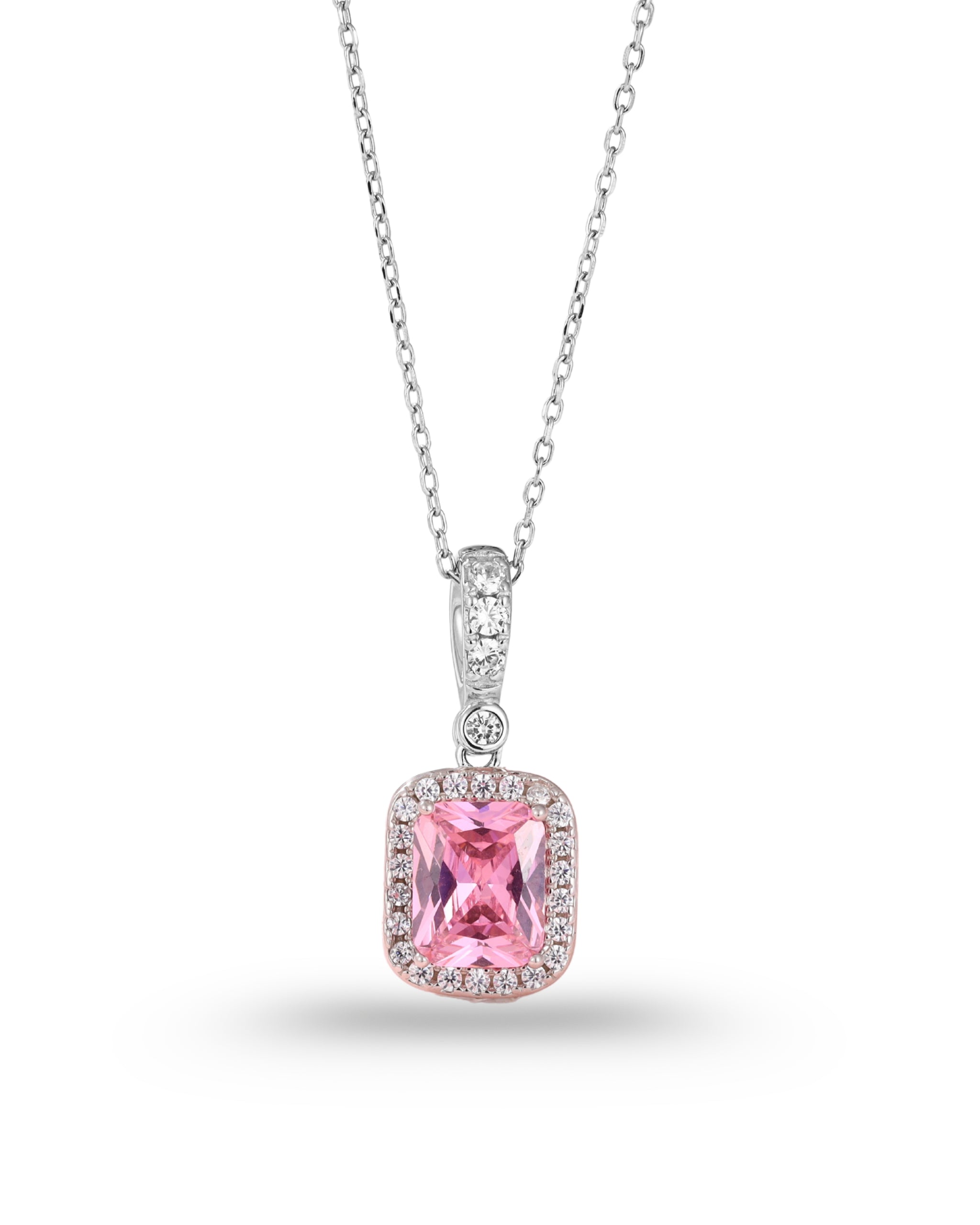 Princess Cut Pink Zircon Halo Pendant Necklace