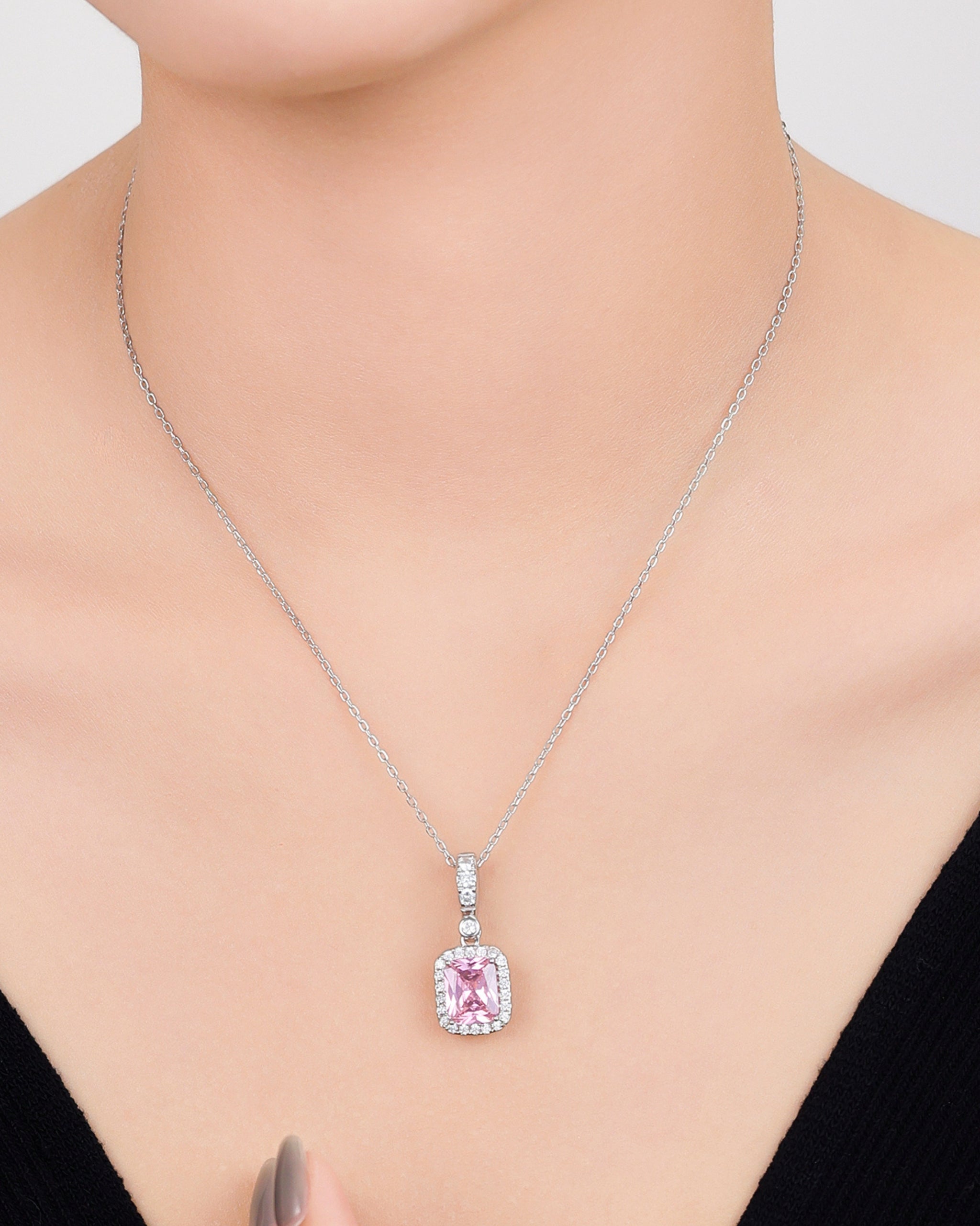 Princess Cut Pink Zircon Halo Pendant Necklace