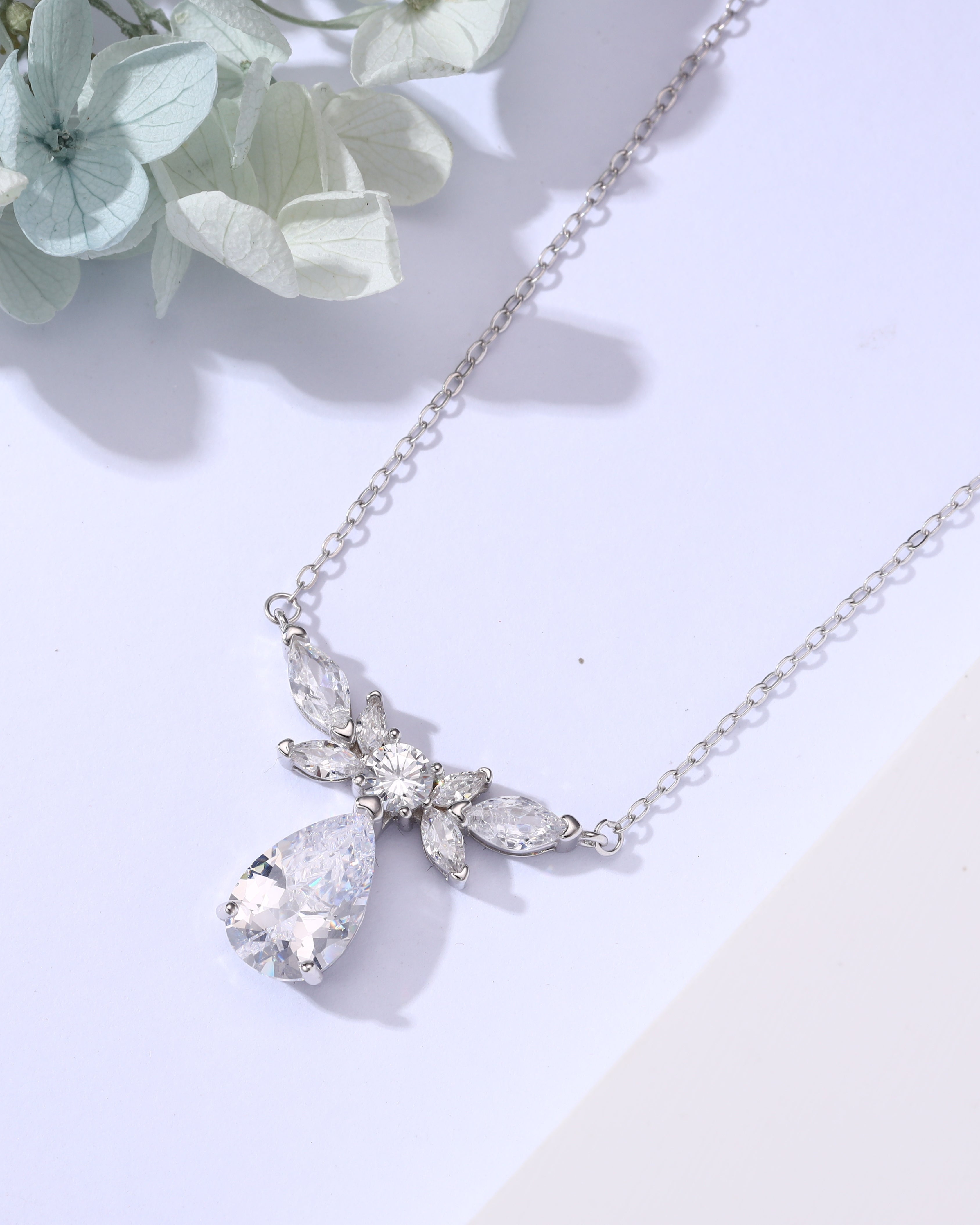 Teardrop & Marquise Zircon Statement Necklace – Silver Finish