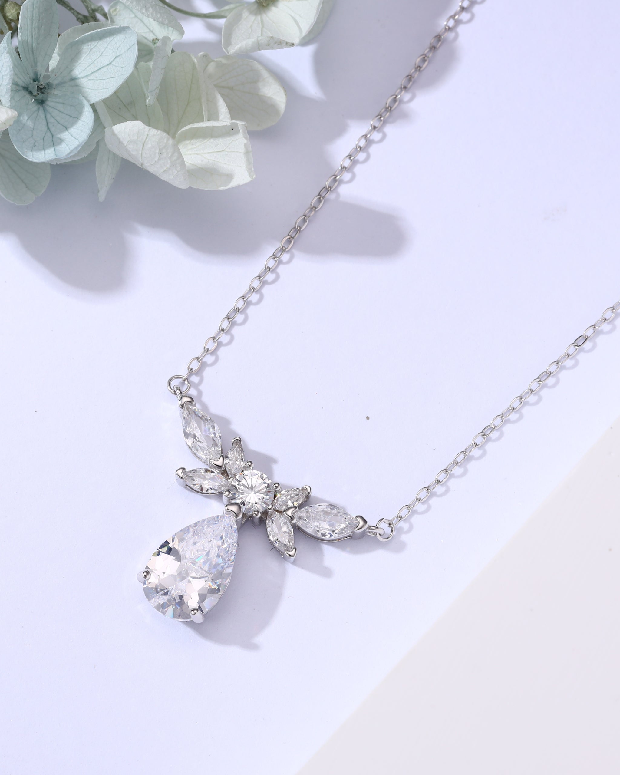 Teardrop & Marquise Zircon Statement Necklace – Silver Finish