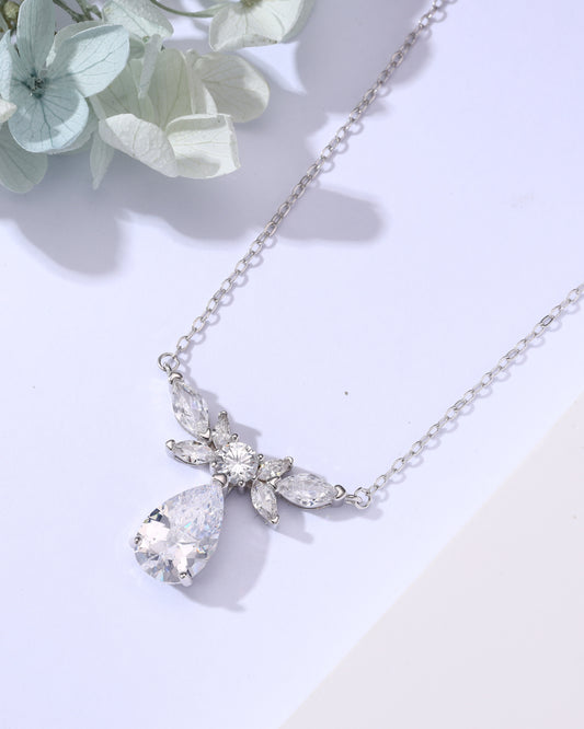 Teardrop & Marquise Zircon Statement Necklace – Silver Finish