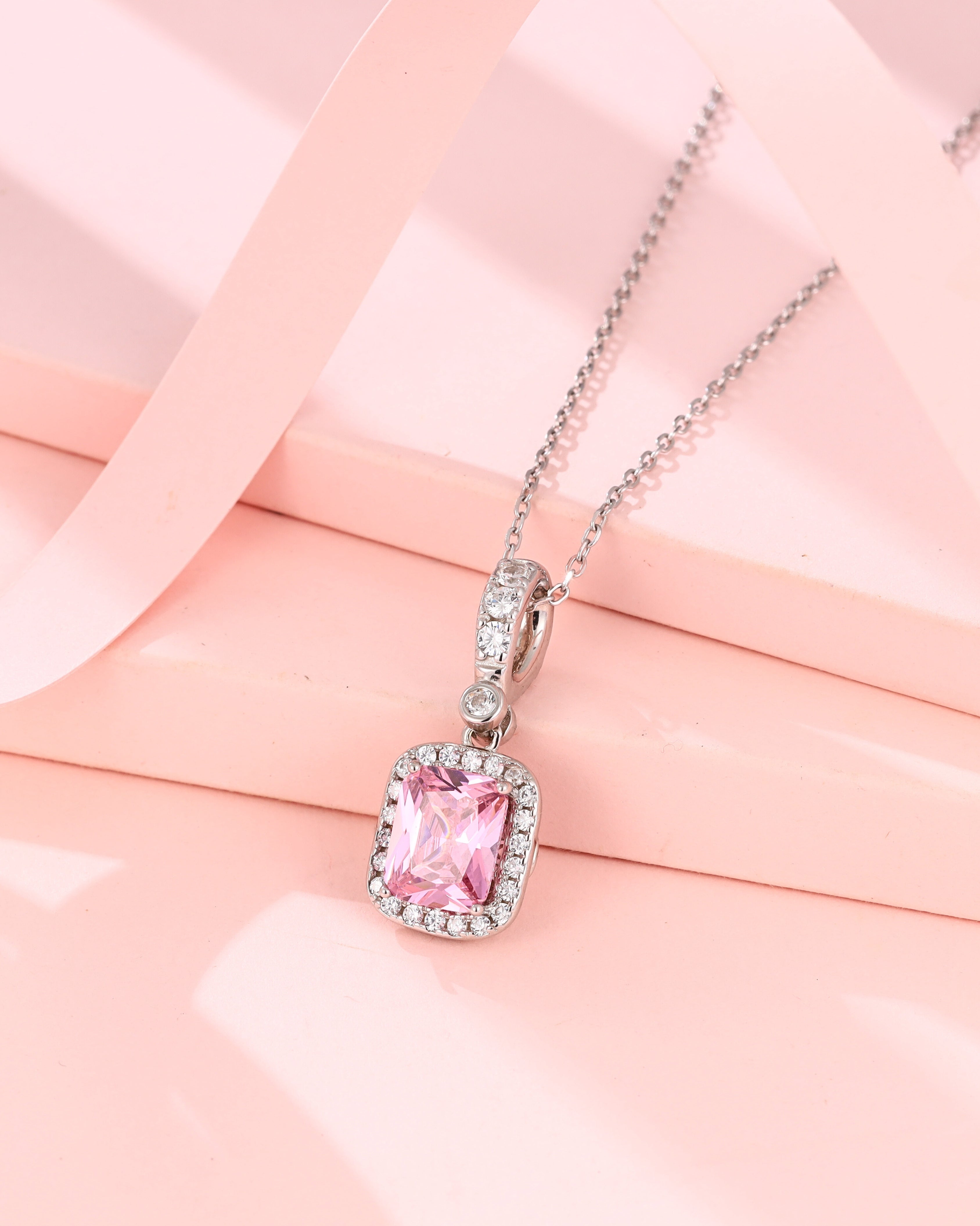 Princess Cut Pink Zircon Halo Pendant Necklace