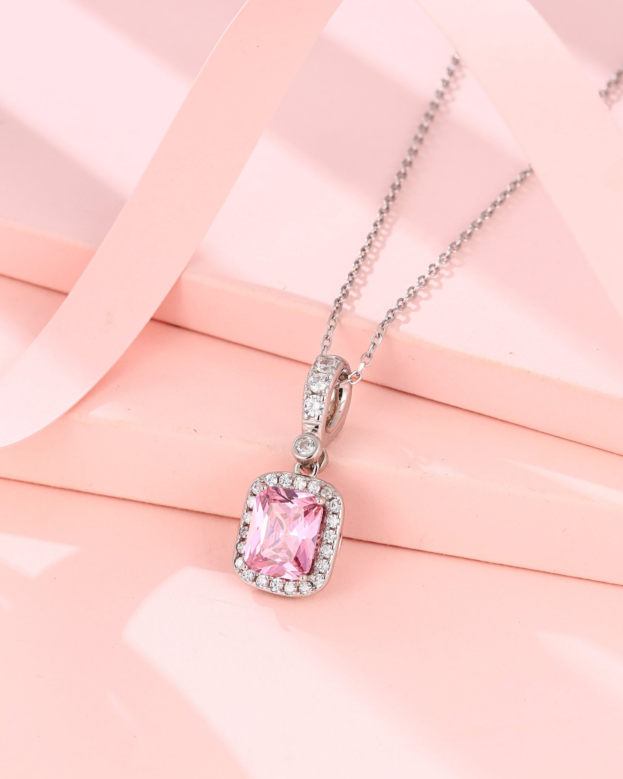 Princess Cut Pink Zircon Halo Pendant Necklace