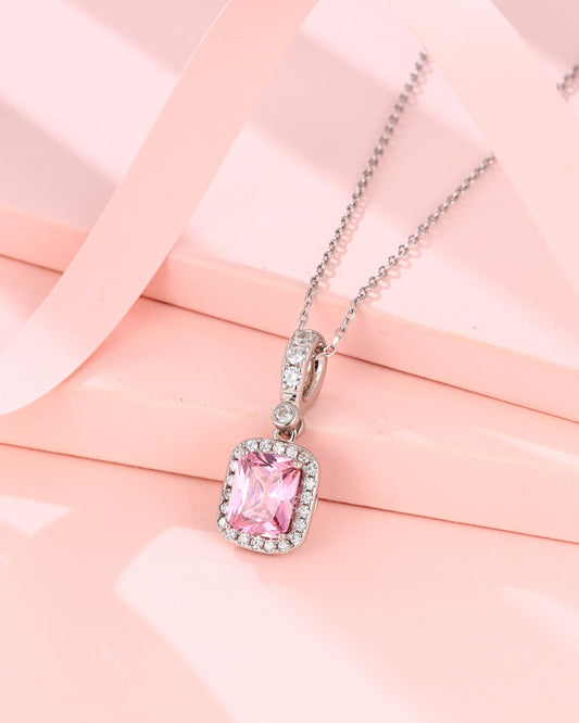Princess Cut Pink Zircon Halo Pendant Necklace