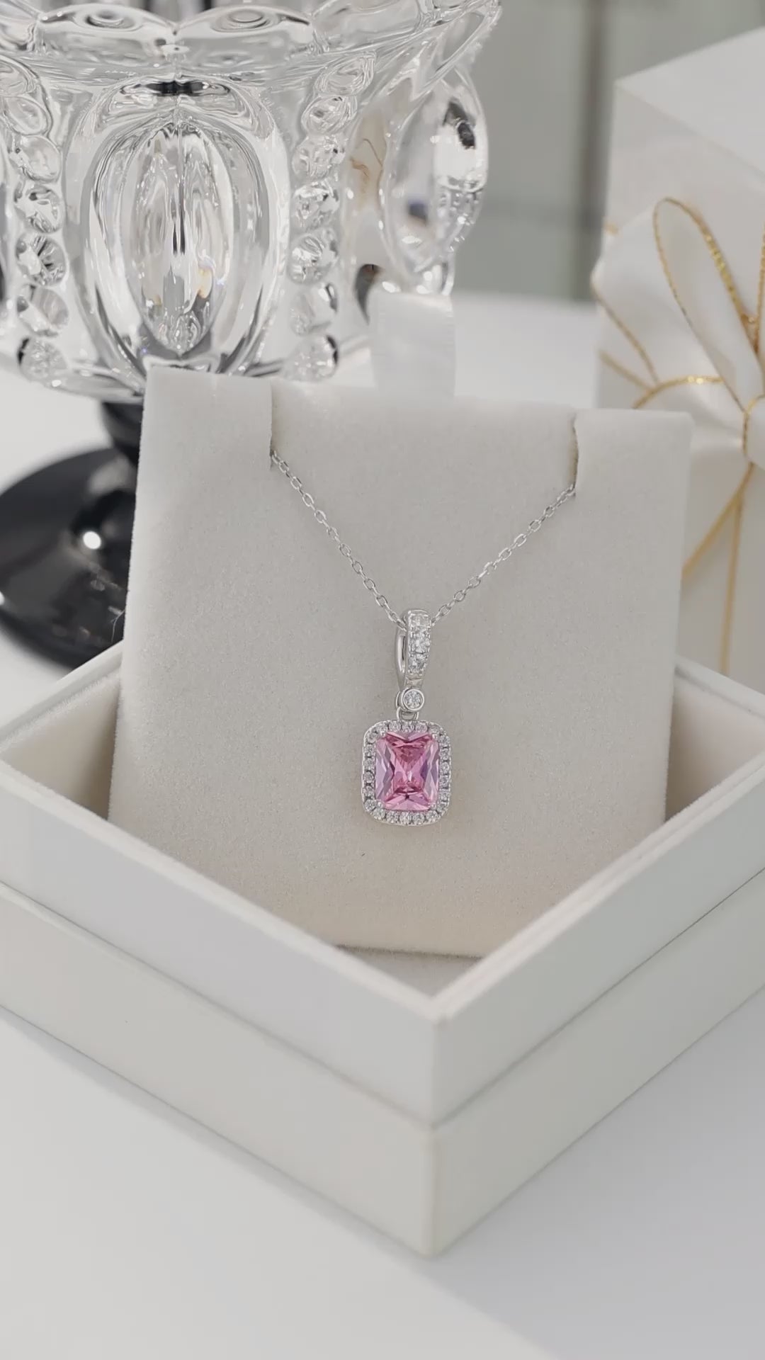 Princess Cut Pink Zircon Halo Pendant Necklace