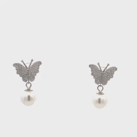 Butterfly Pearl Earrings with Swarovski Zircon & Natural White Pearls