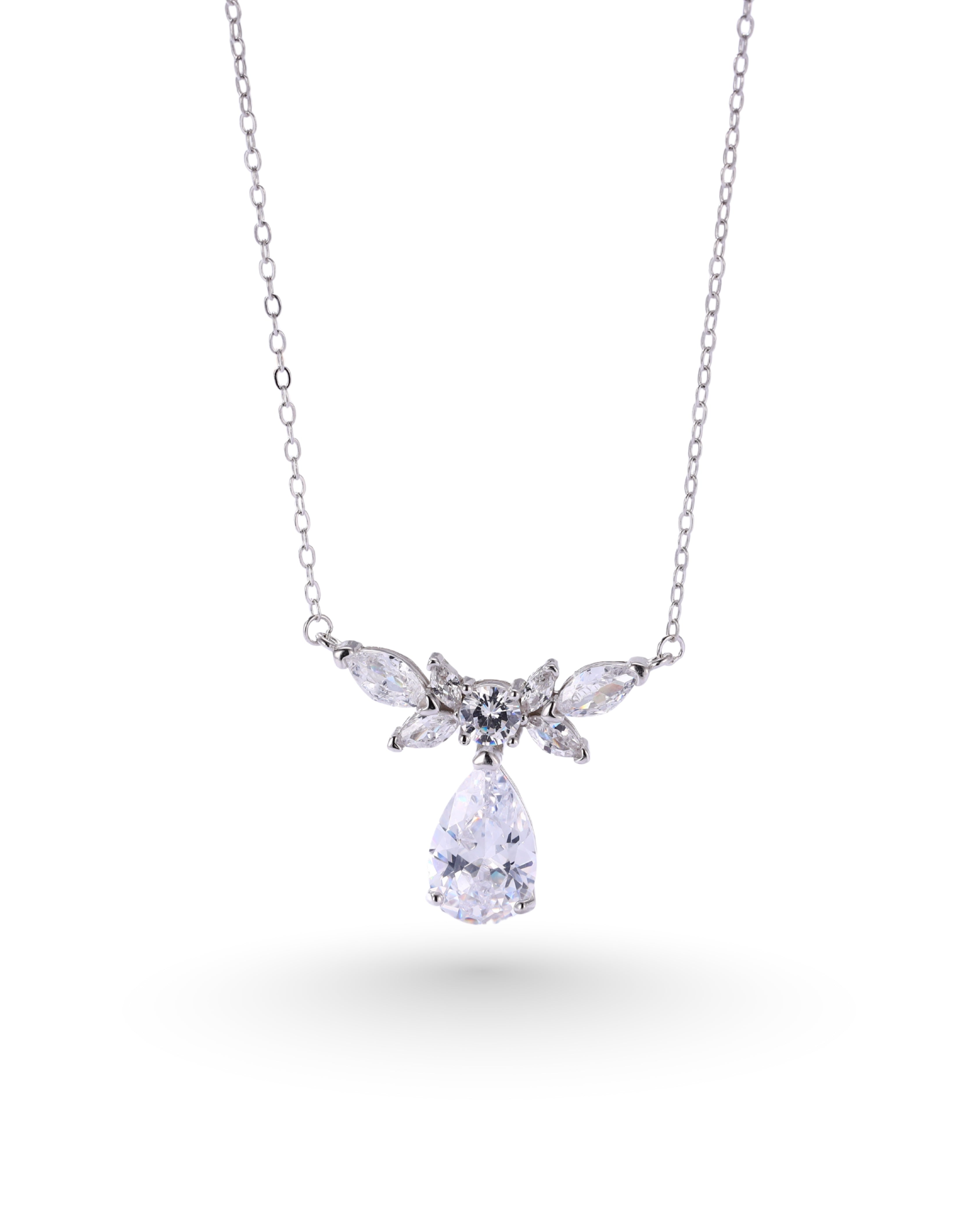 Teardrop & Marquise Zircon Statement Necklace – Silver Finish