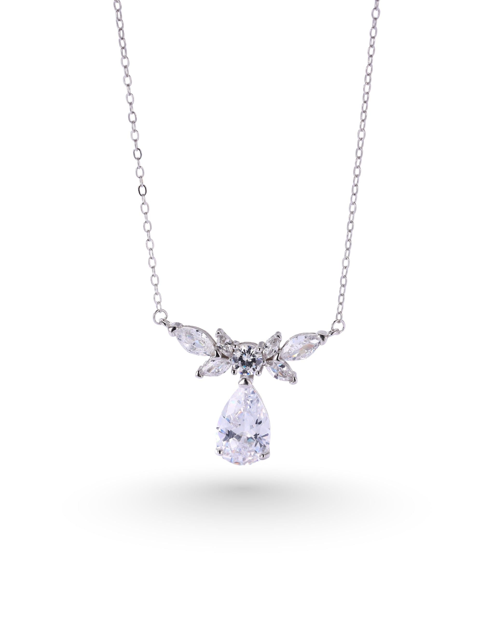 Teardrop & Marquise Zircon Statement Necklace – Silver Finish